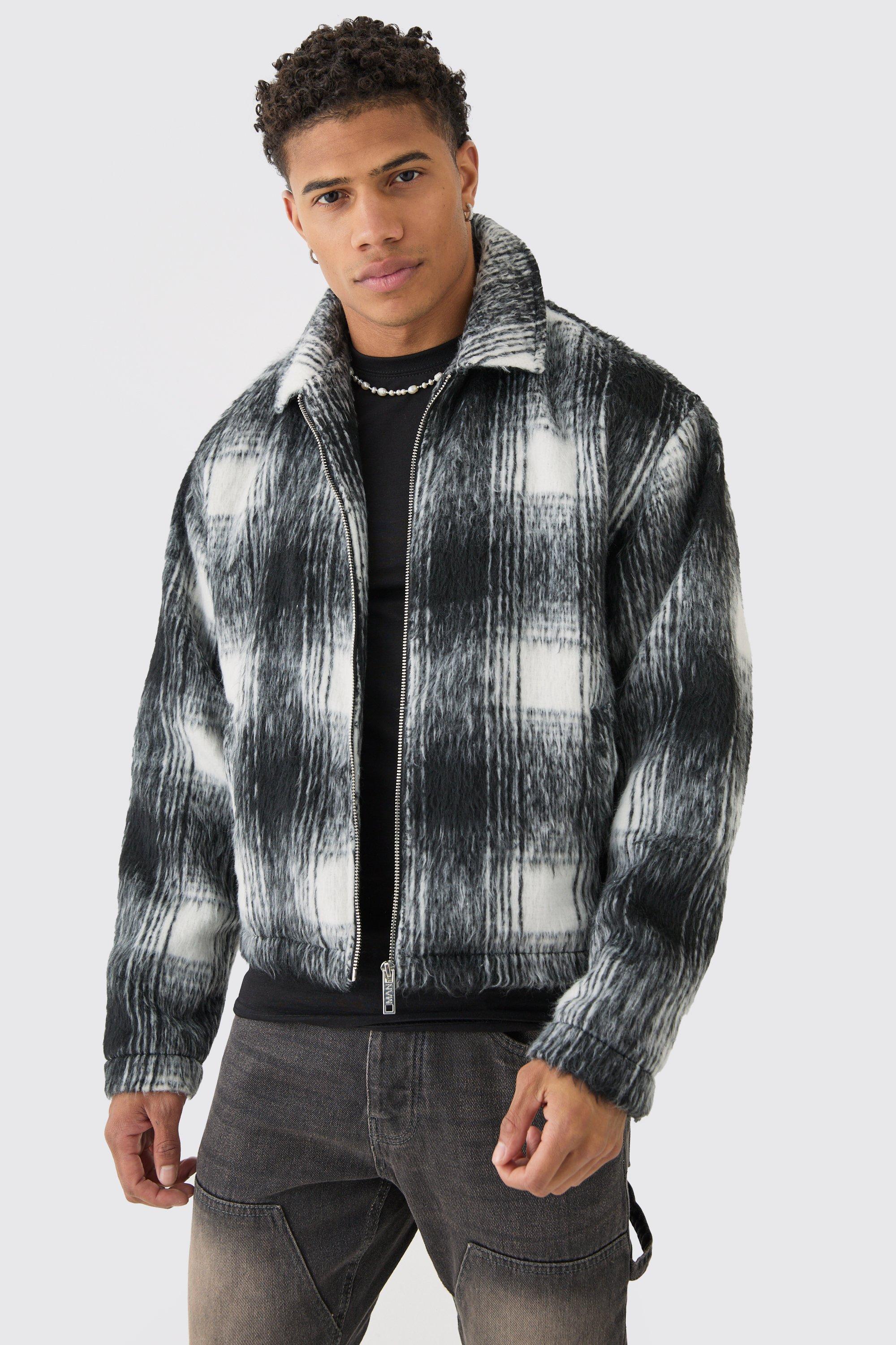 Mens Brushed Check Collared Harrington Jacket In Black, Black