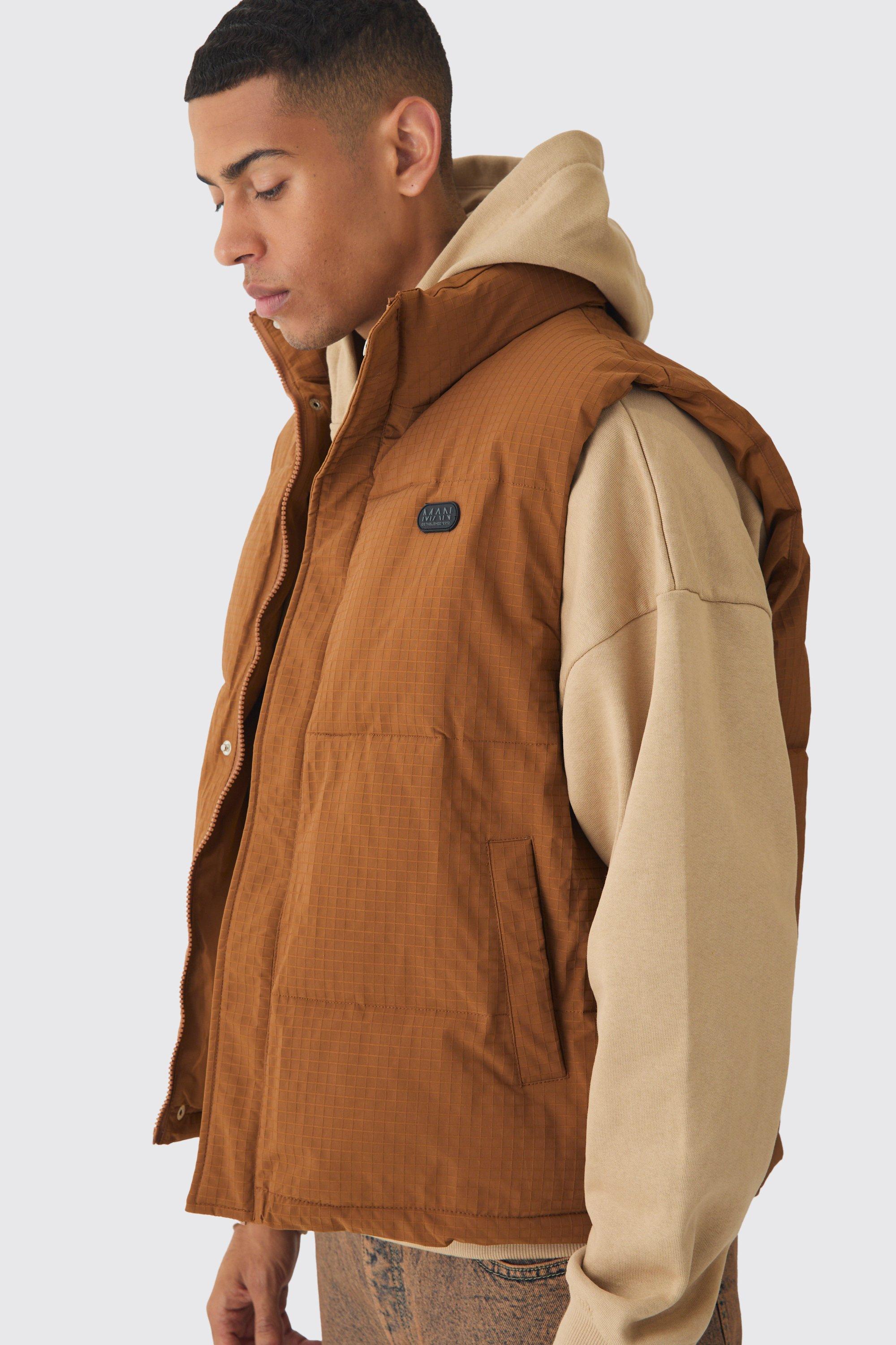 Mens Brown Man Tab Ripstop Funnel Neck Puffer Gilet In Tan, Brown