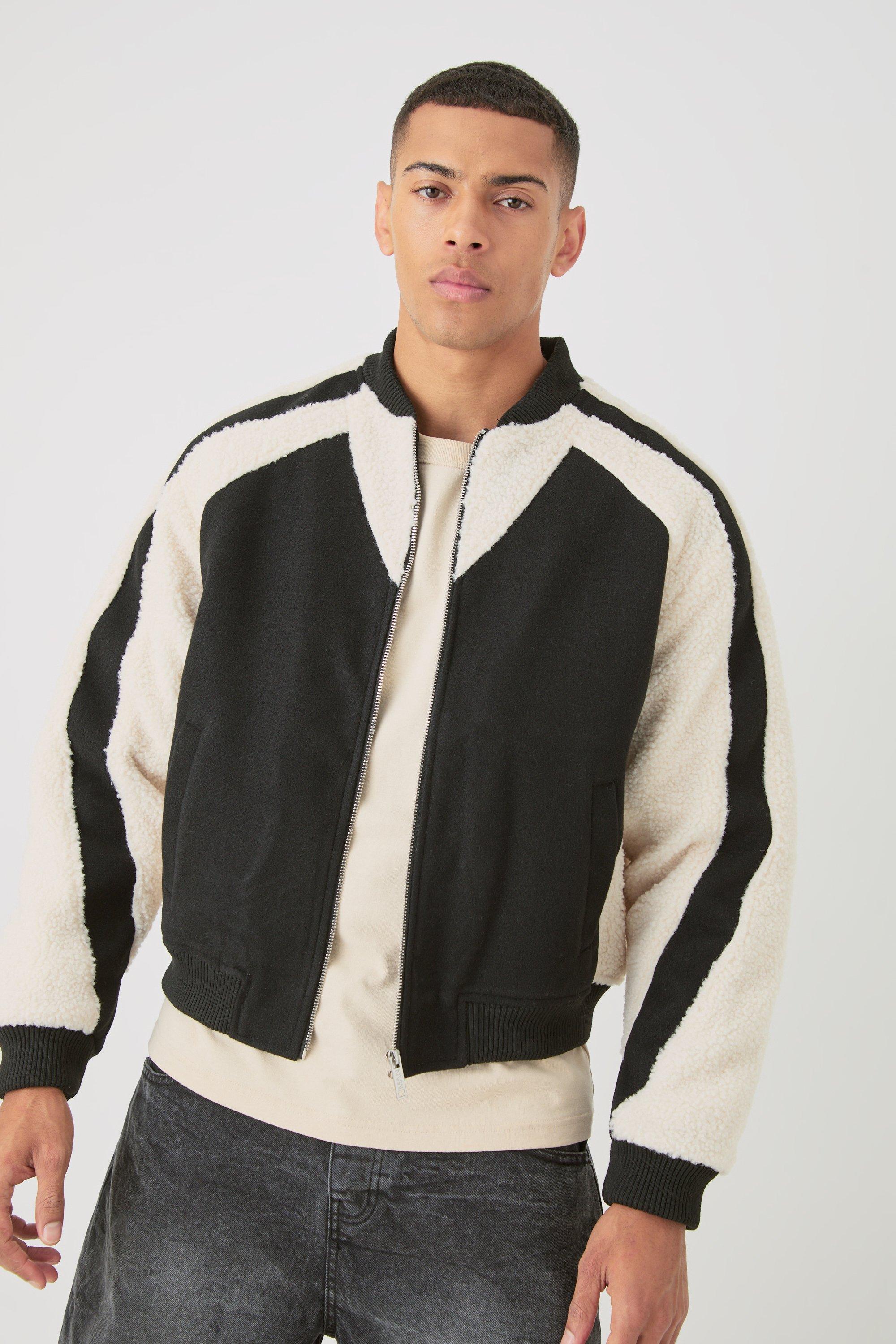 Mens Limited Applique Borg And Melton Bomber In Black, Black