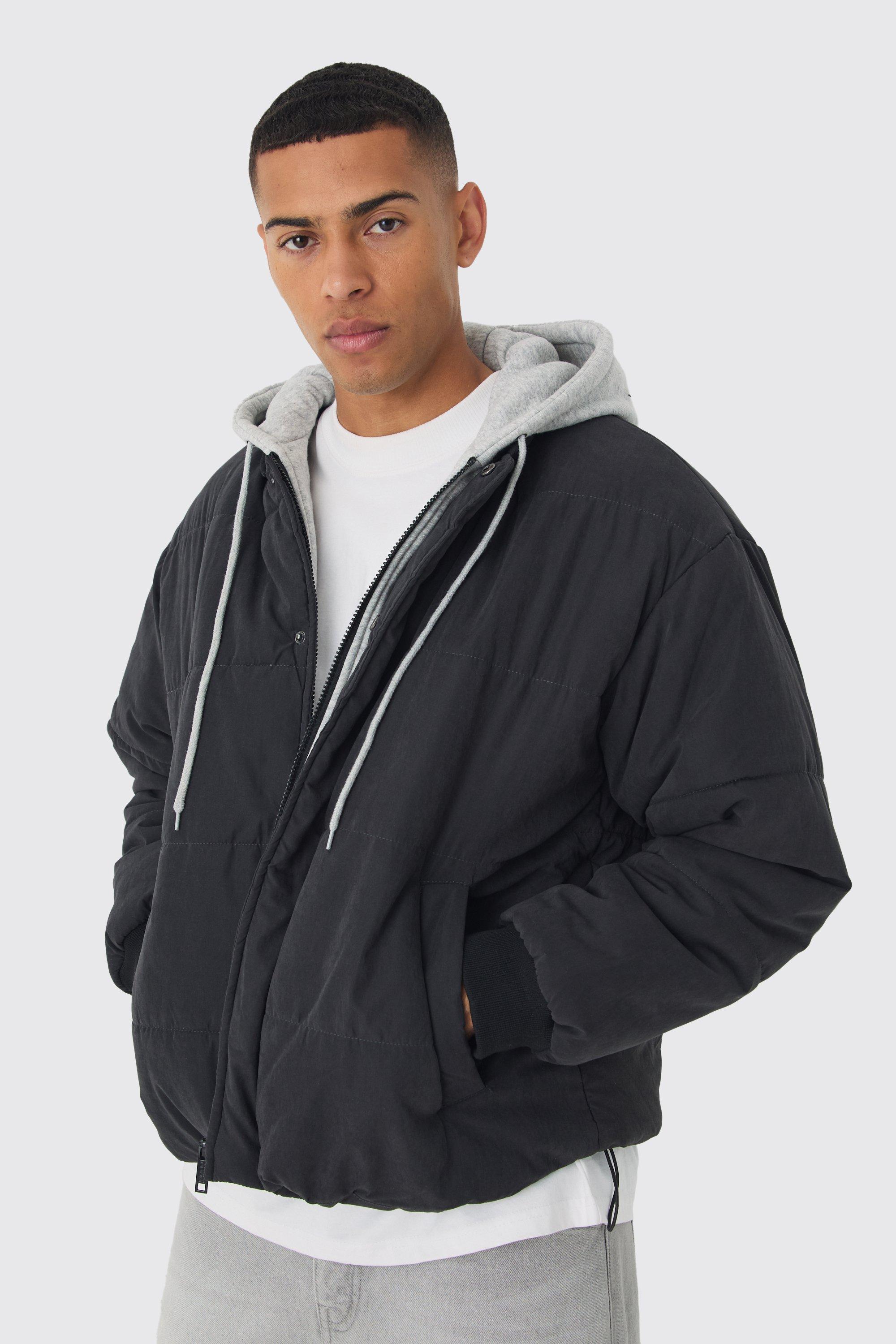 Mens Quilted Hooded Faux Layer Bomber Jacket In Black, Black