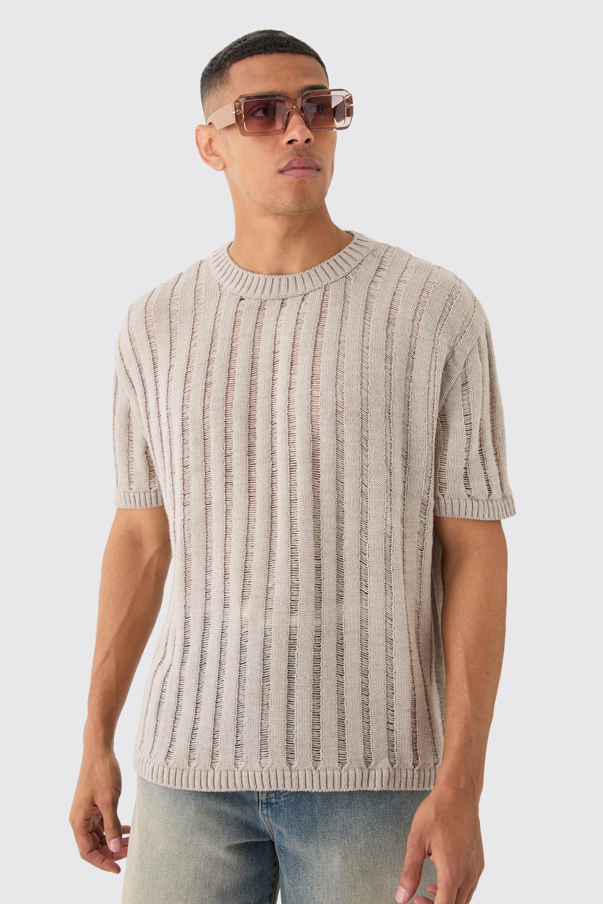 Image of T-shirt oversize in maglia traforata color pietra con cuciture smagliate, Beige