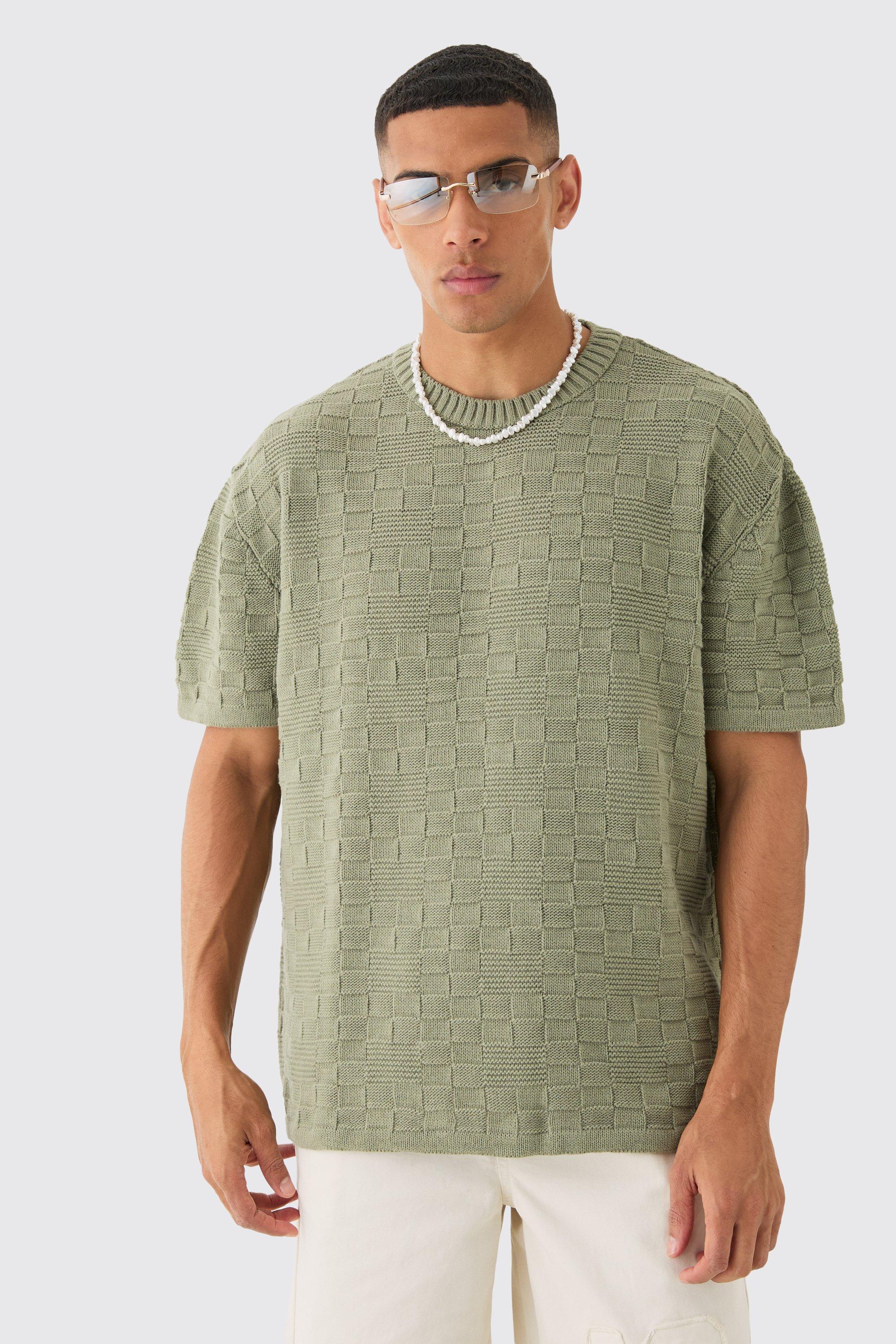 Mens Green Oversized Geometric Stitch Knitted T-Shirt, Green