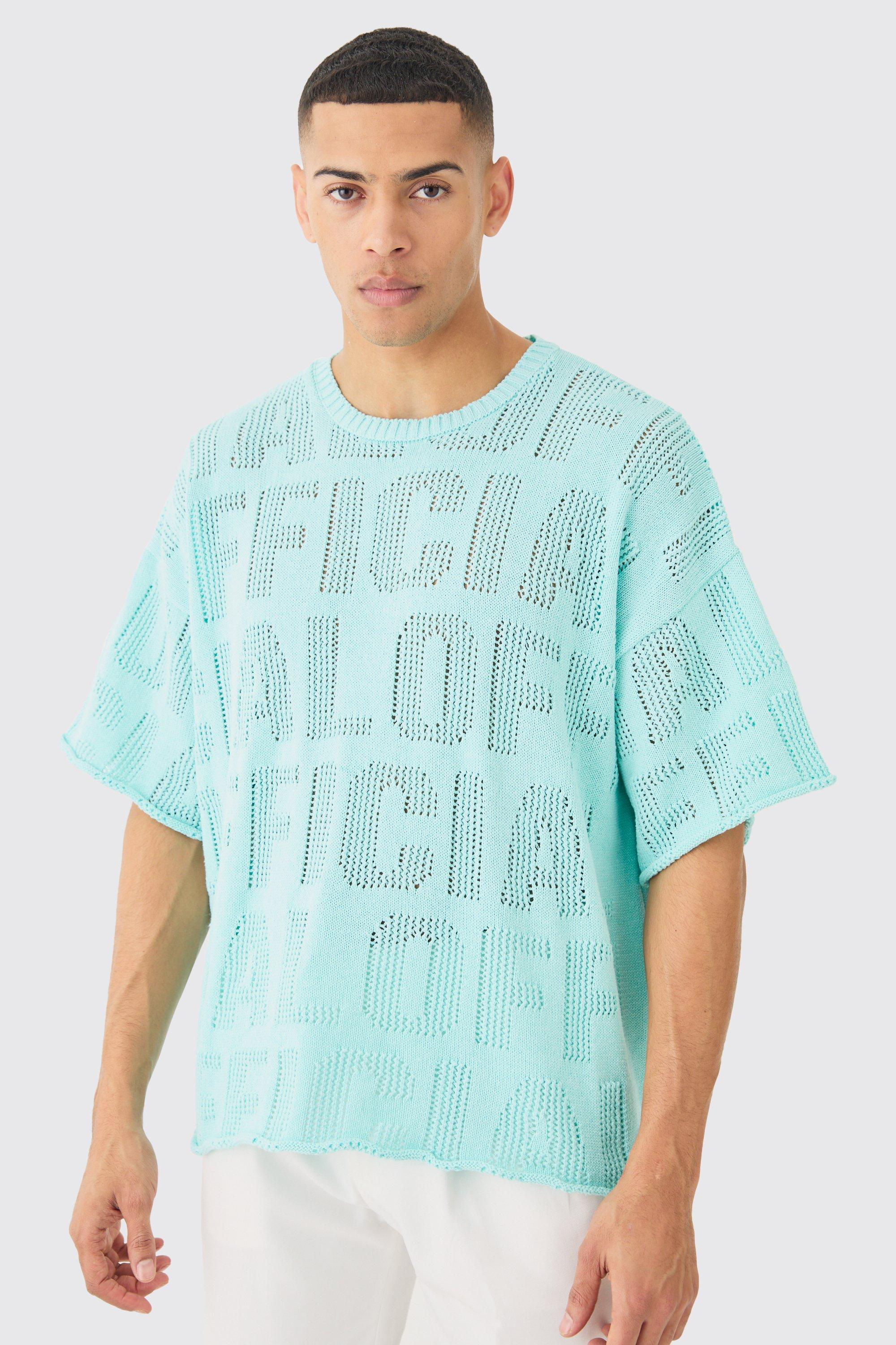 Image of Oversized Branded Open Stitch T-shirt In Light Blue, Azzurro