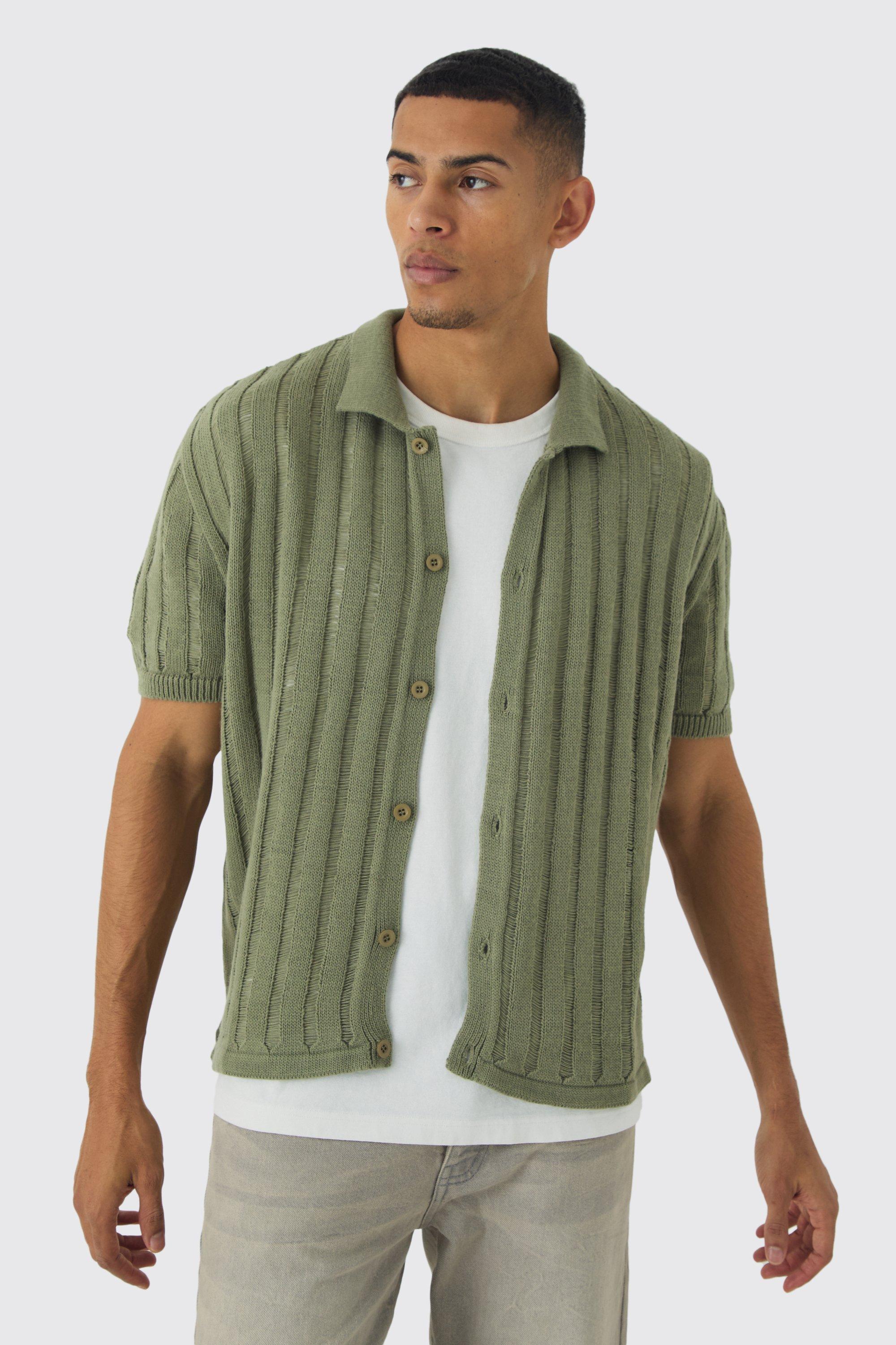 Camicia squadrata oversize in maglia traforata color kaki con cuciture smagliate, Verde