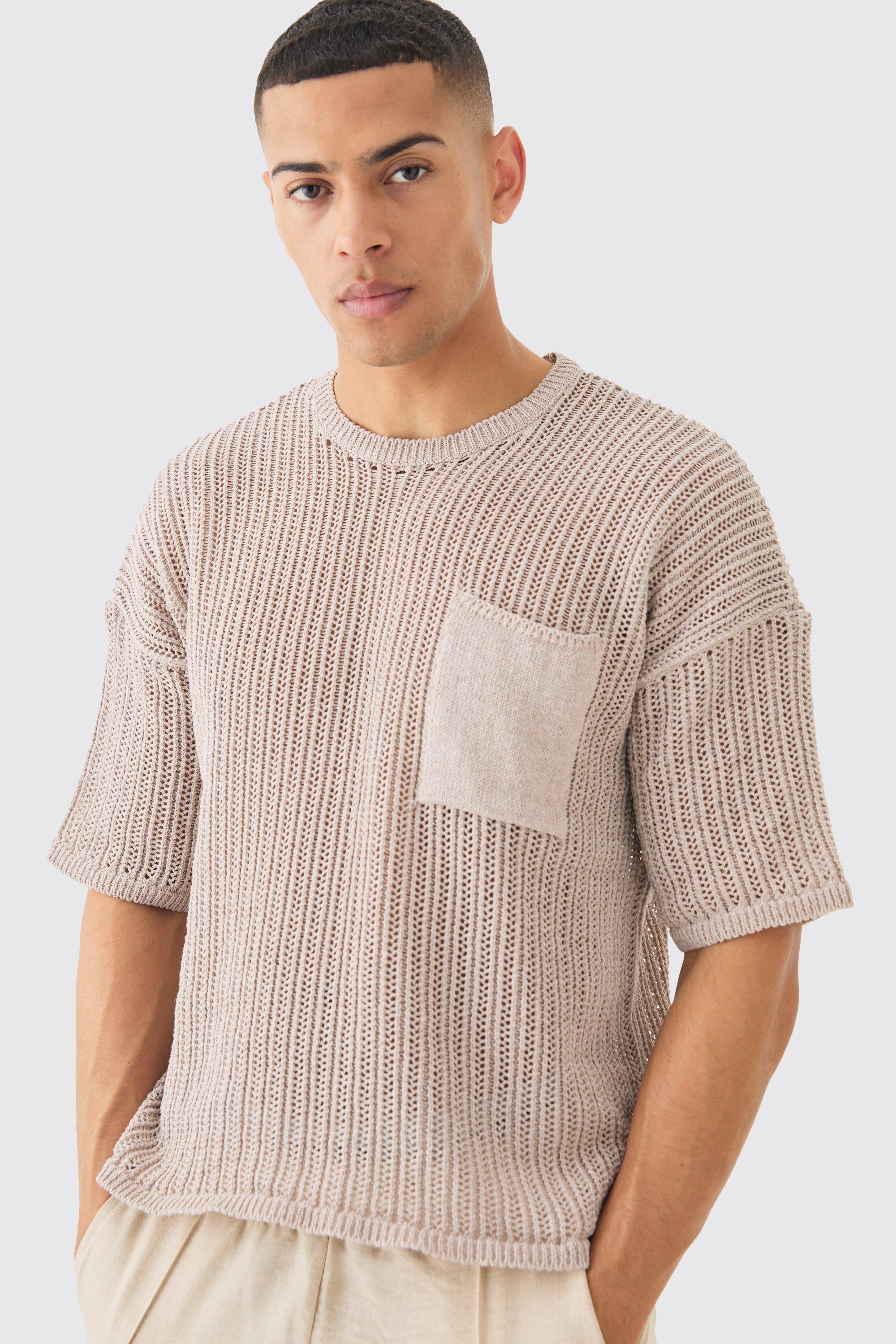 Image of Oversized Open Stitch T-shirt With Pocket In Stone, Beige