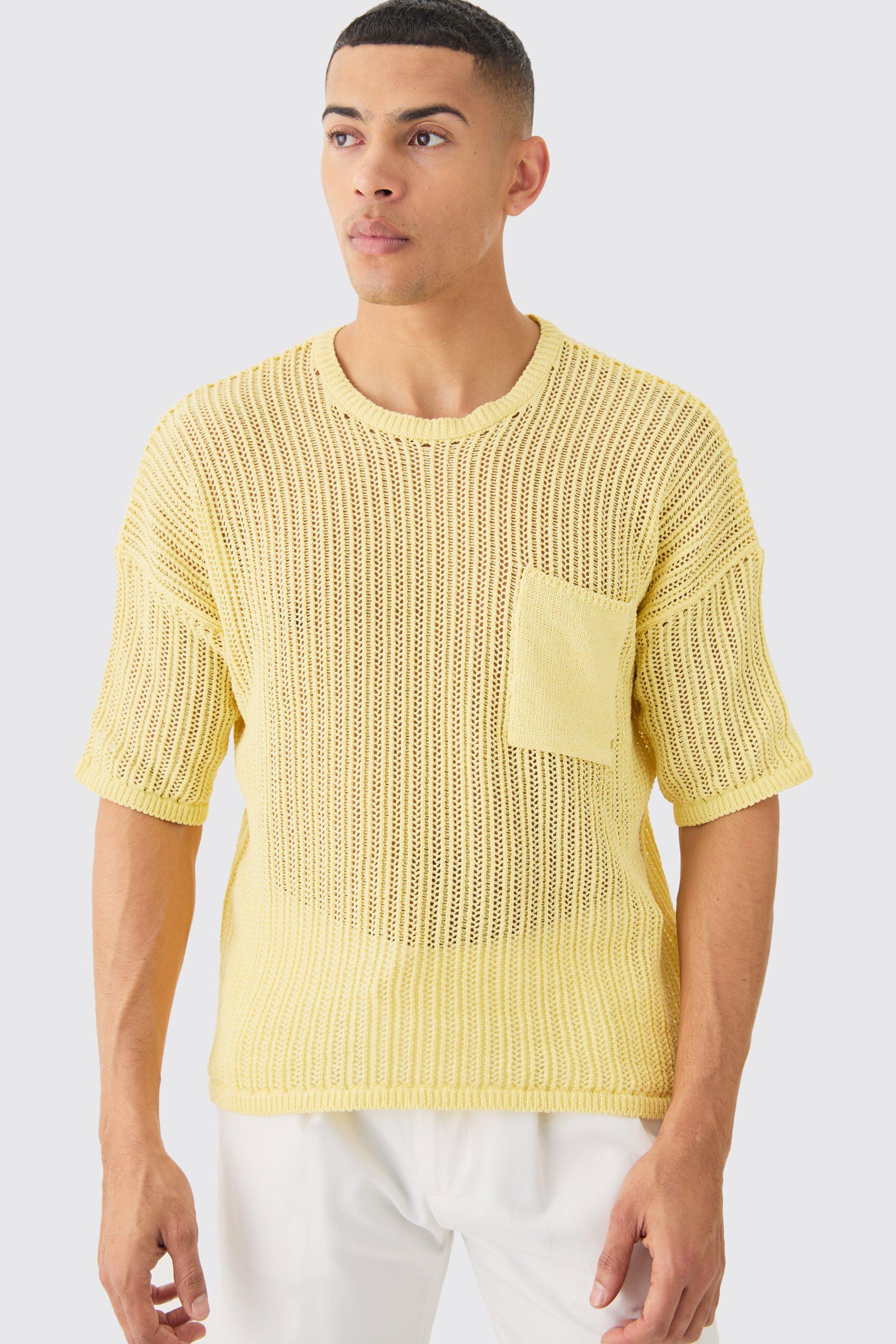 Image of Oversized Open Stitch T-shirt With Pocket In Yellow, Giallo