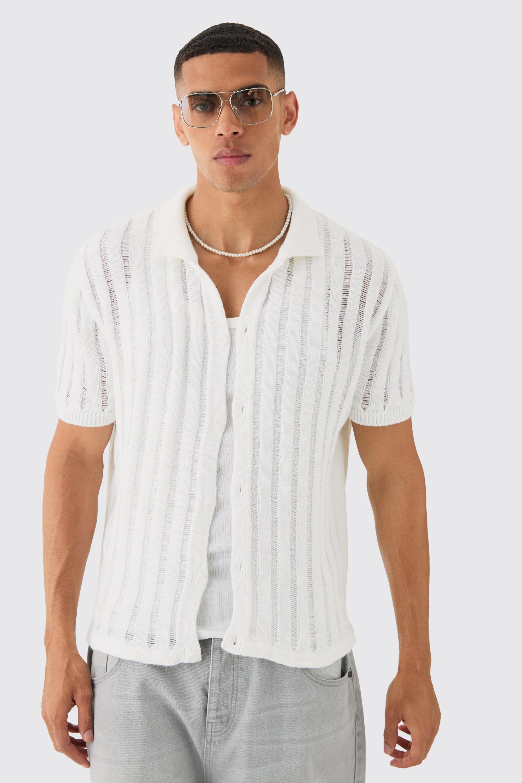 Image of Camicia squadrata oversize in maglia bianca traforata in punto smagliato, Bianco
