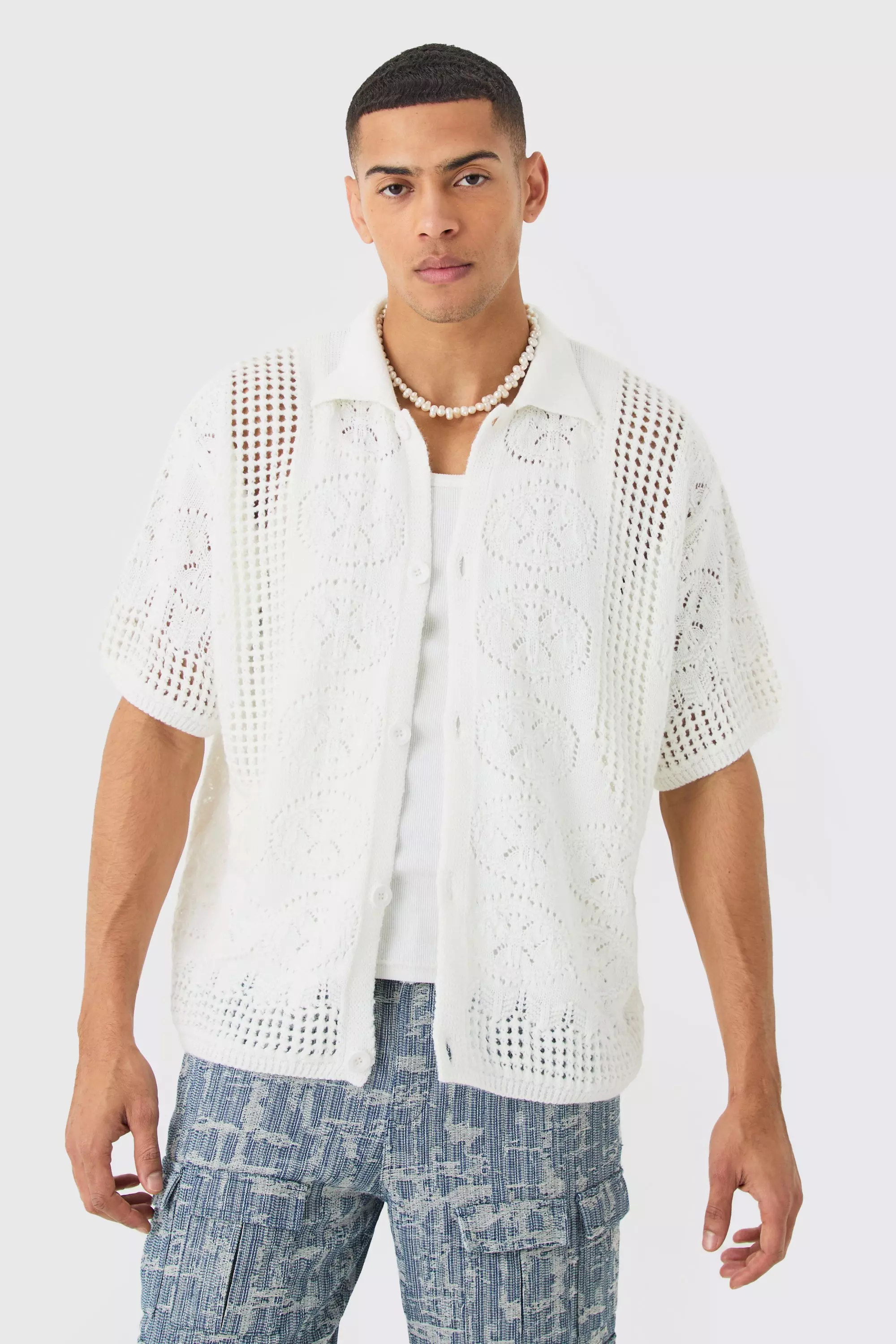 Oversized Boxy Open Stitch Detail Knitted Shirt In White 