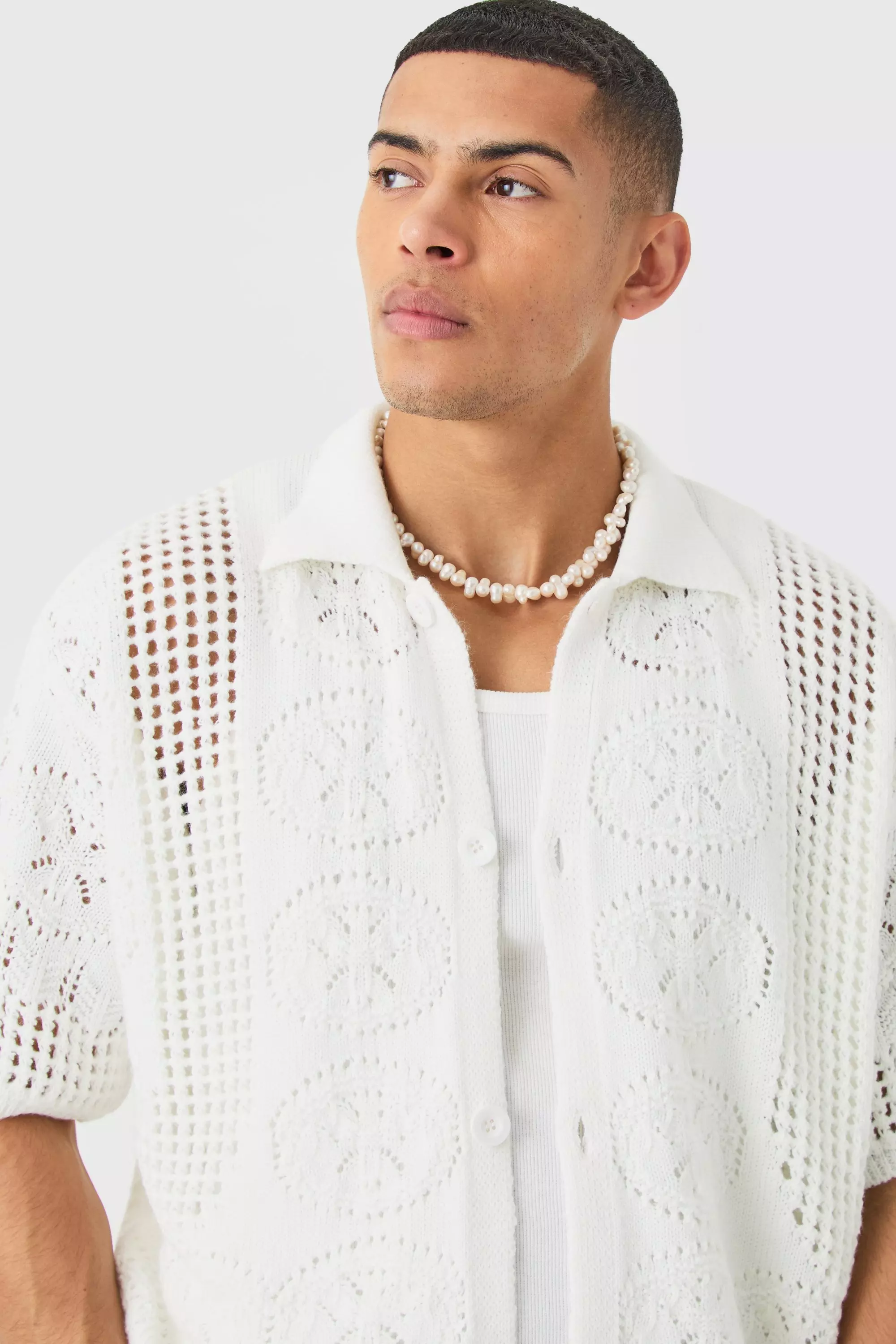 Oversized Boxy Open Stitch Detail Knitted Shirt In White