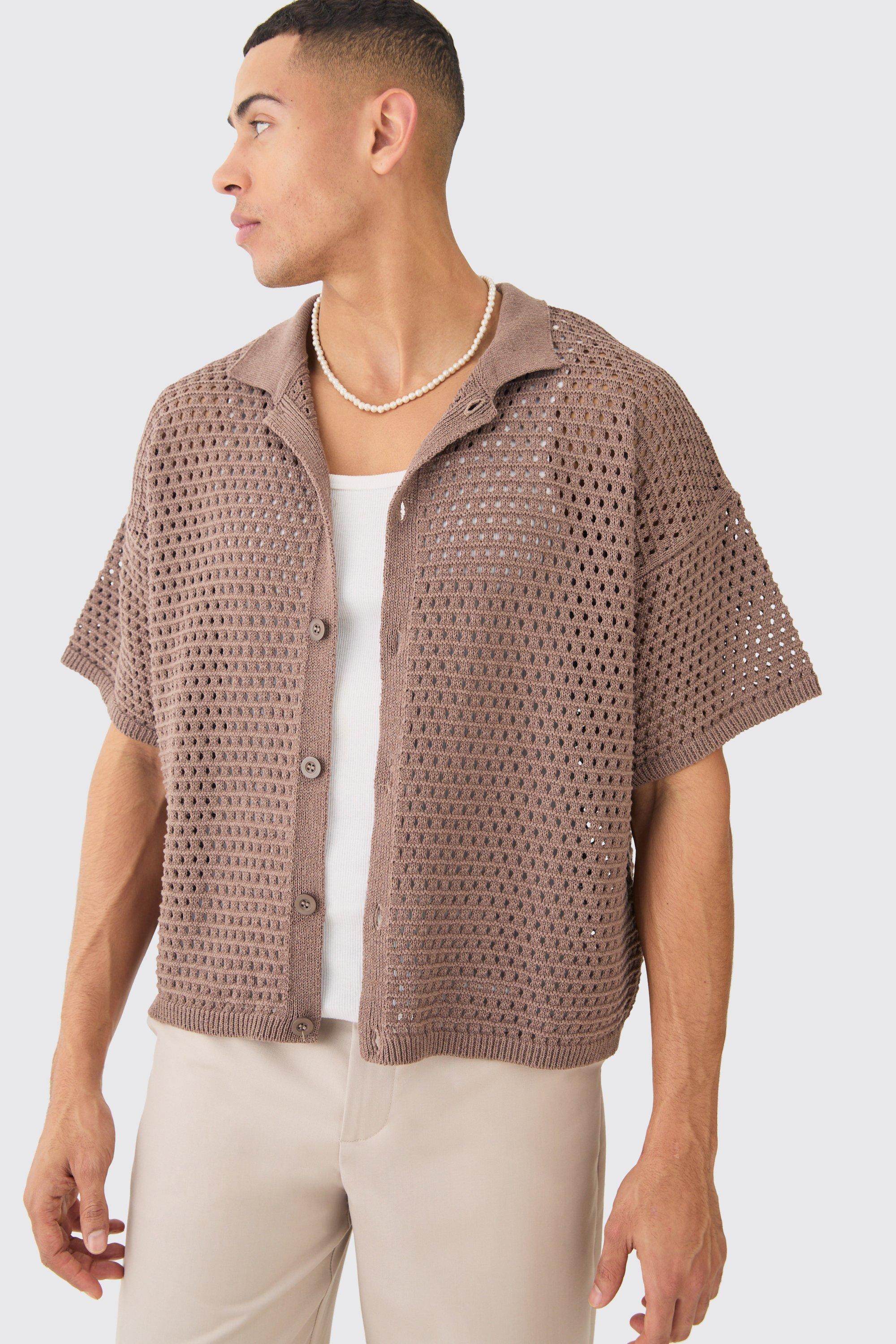 Image of Oversized Boxy Textured Open Stitch Knit Shirt In Chocolate, Brown
