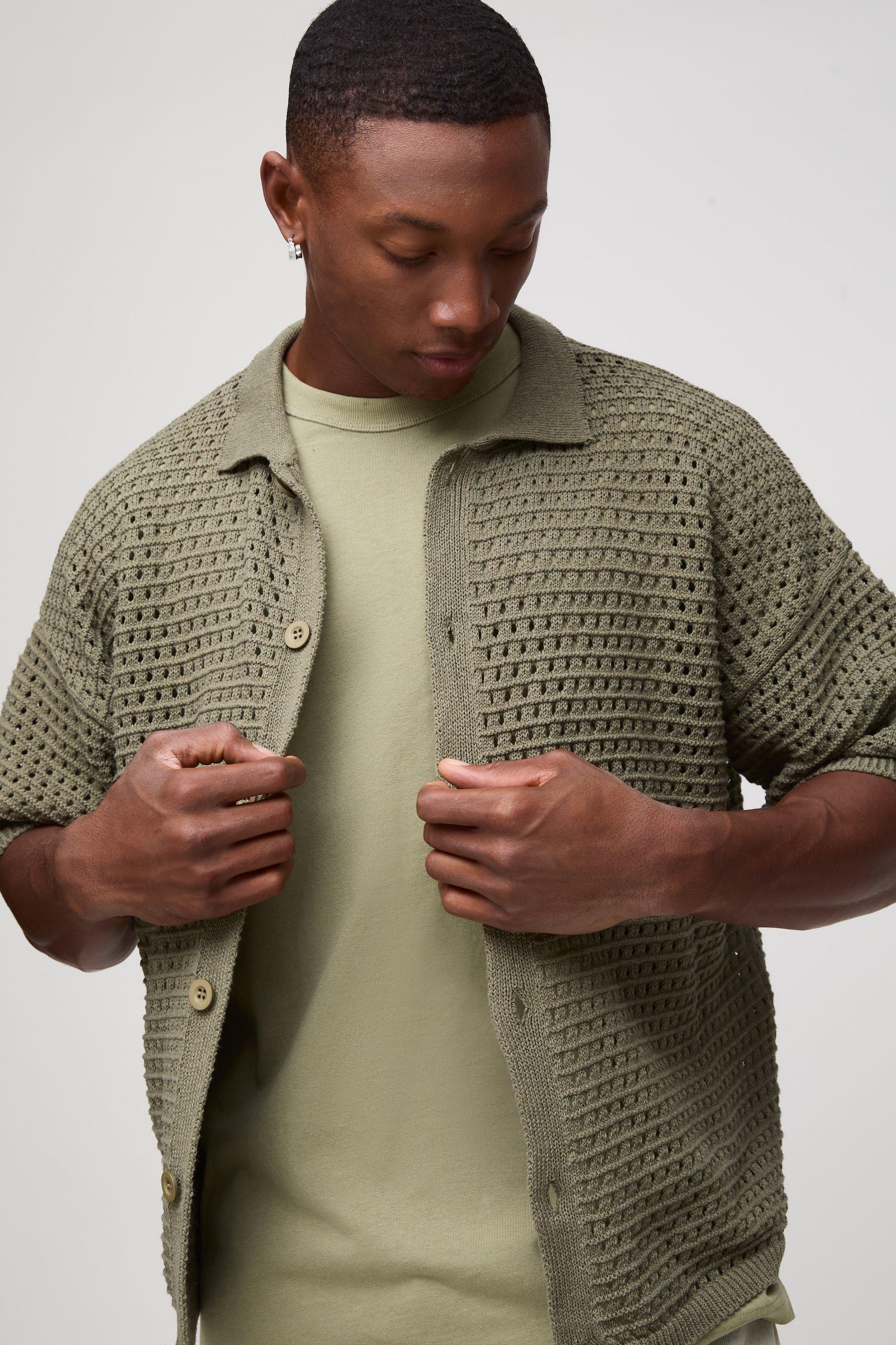 Mens Green Oversized Boxy Textured Open Stitch Knit Shirt In Khaki, Green