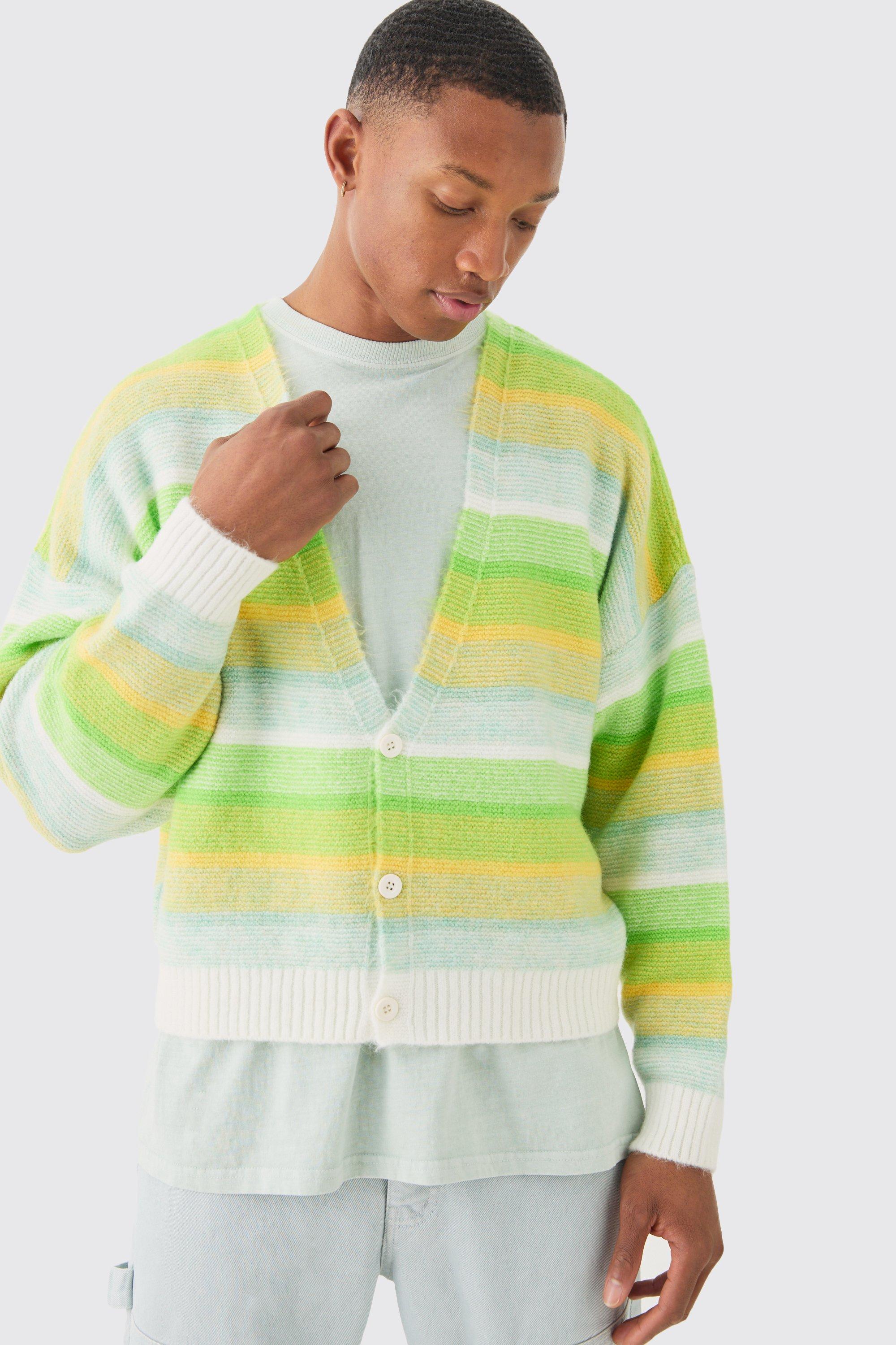 Image of Boxy Brushed Striped Cardigan In Green, Verde