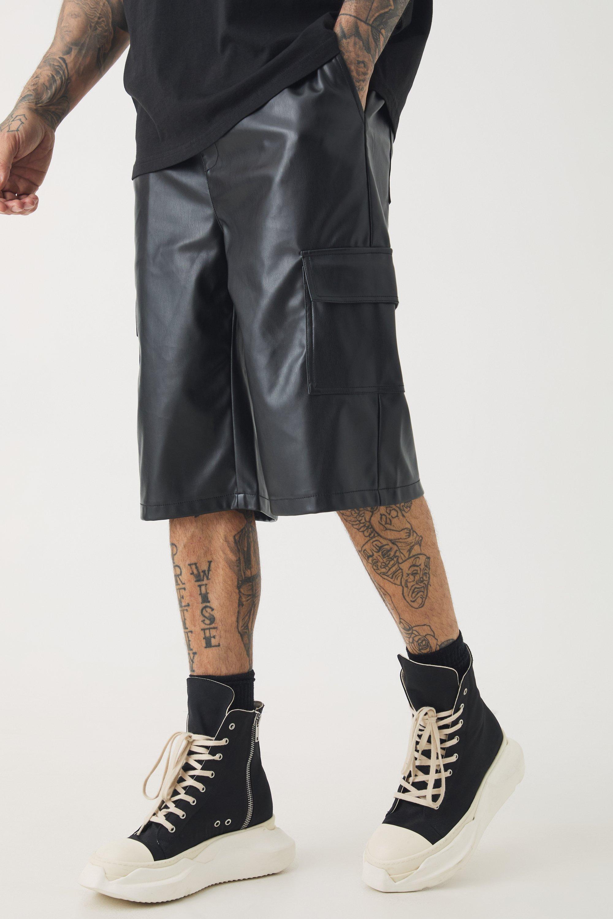 Mens Black Tall Elasticated Waist PU Cargo Short, Black