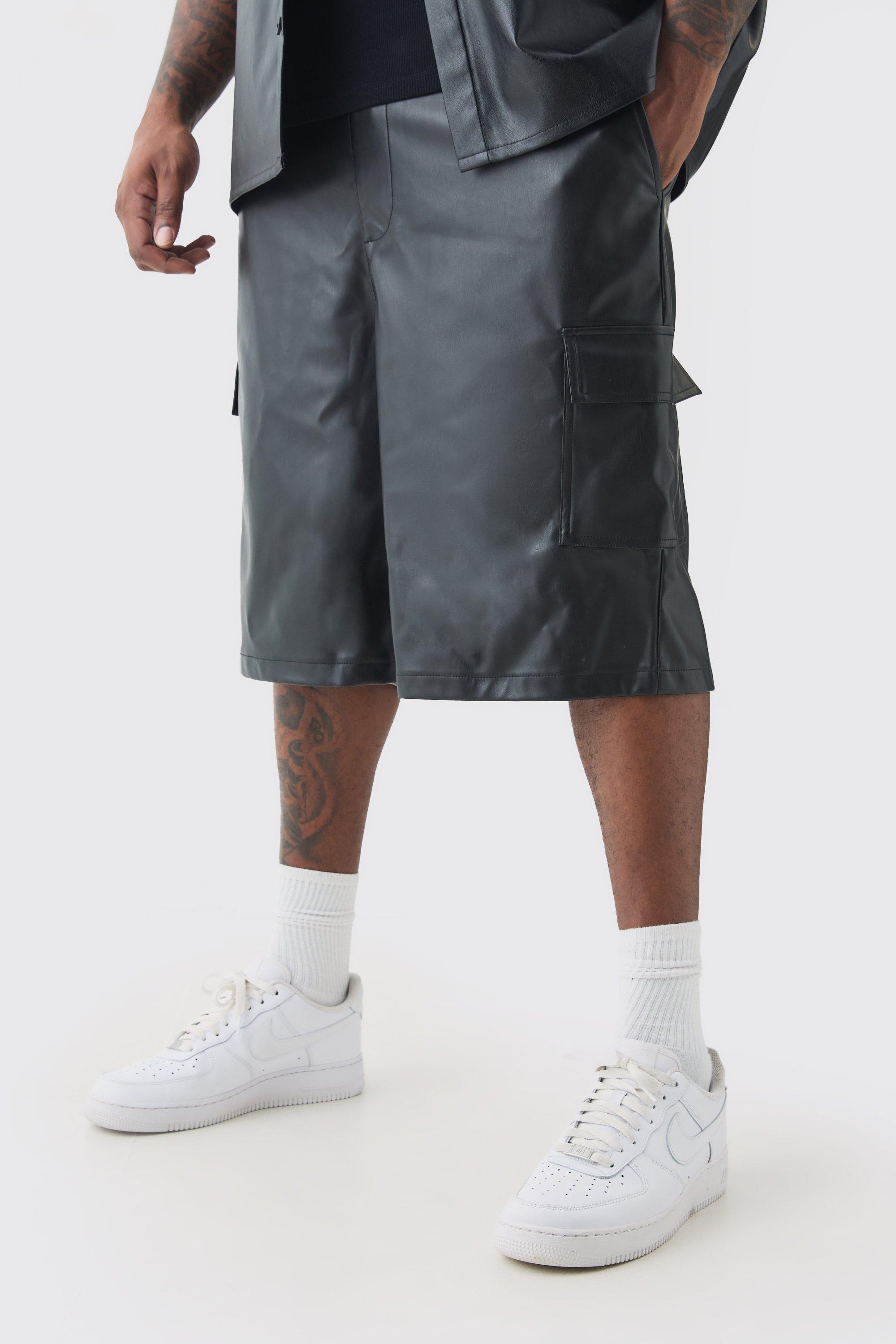 Mens Black Plus Elasticated Waist PU Cargo Short, Black