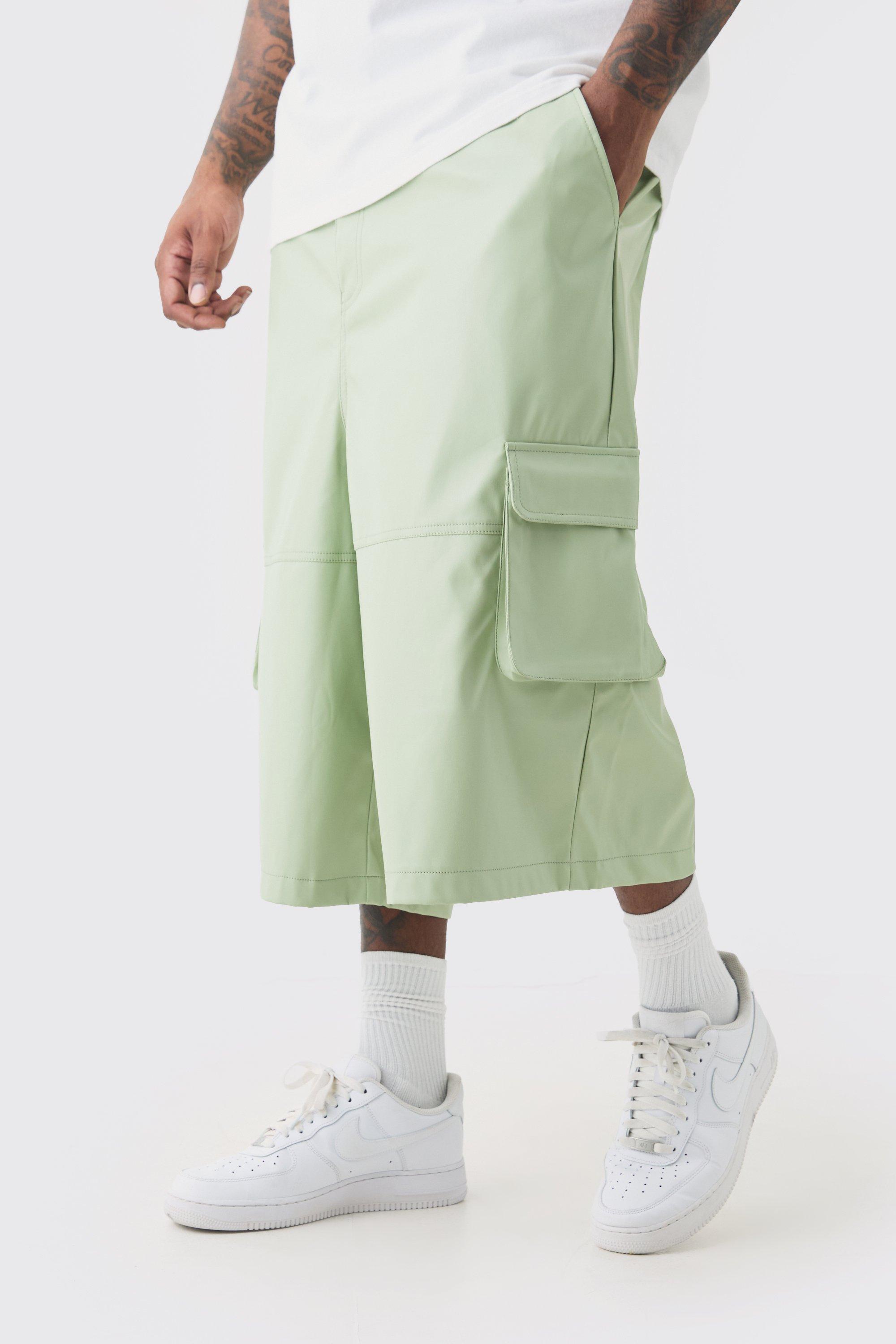 Mens Green Plus Fixed Waist PU Panel Cargo Jort, Green