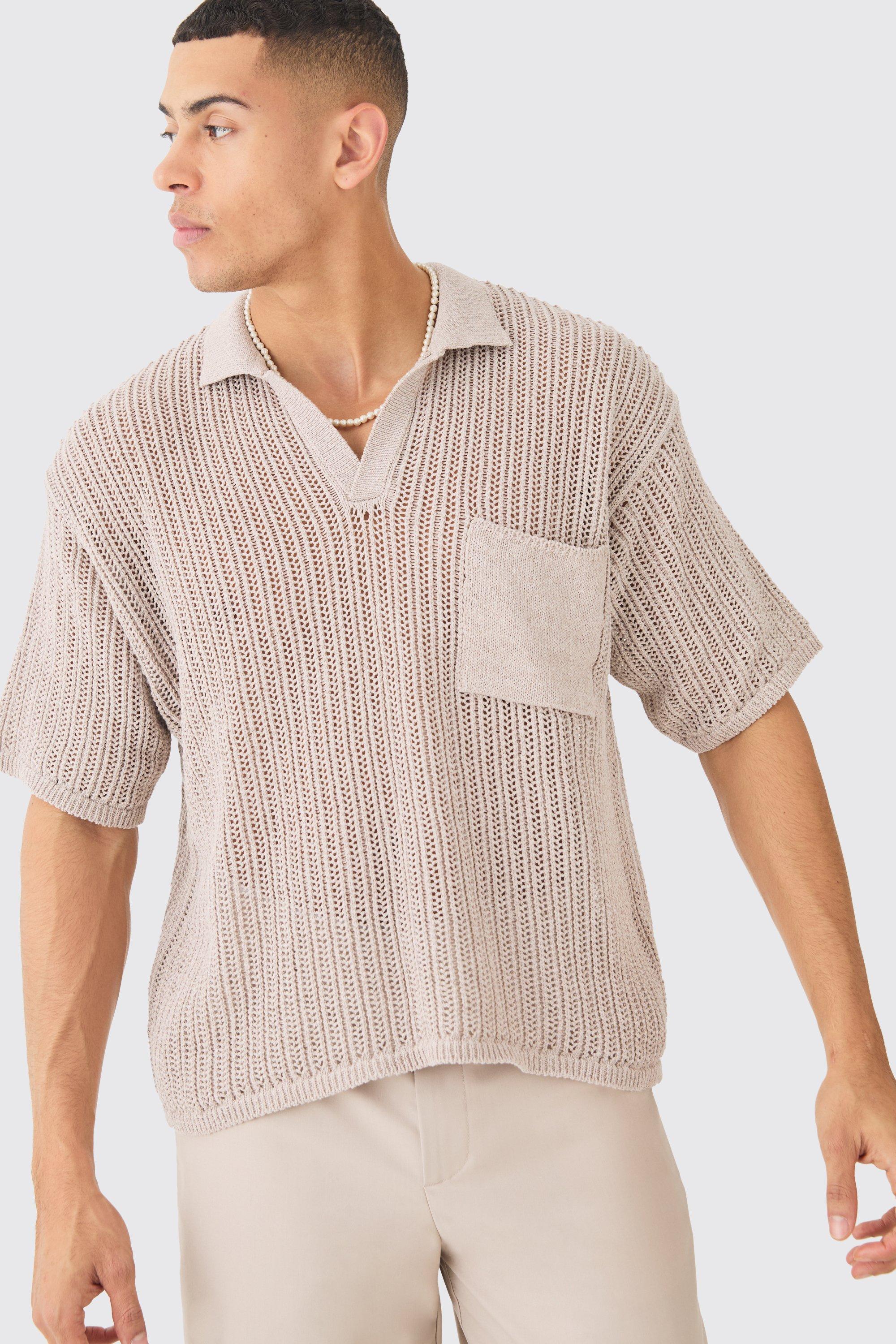 Image of Oversized Boxy Open Stitch Polo With Pocket In Stone, Beige