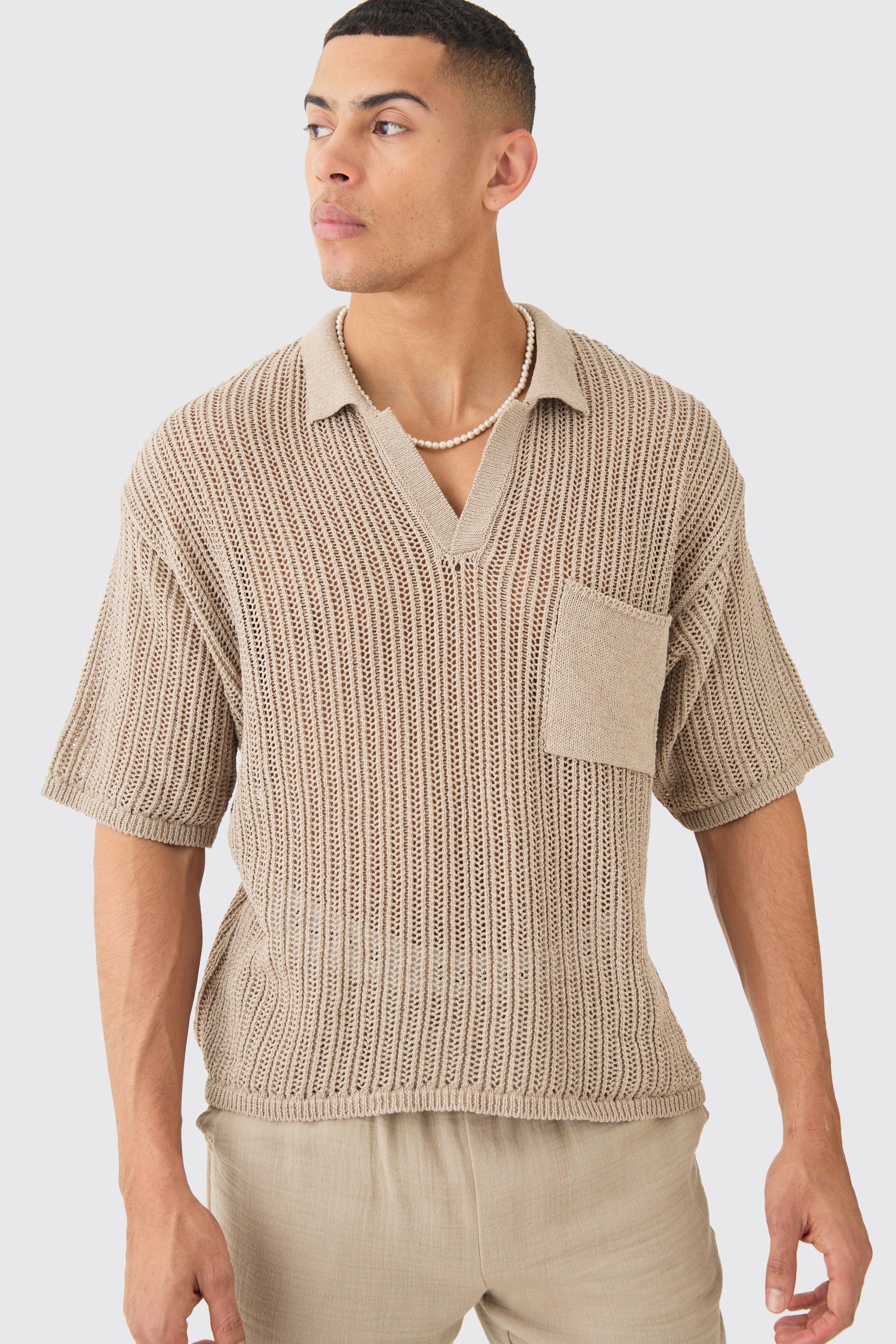 Image of Oversized Boxy Open Stitch Polo With Pocket In Taupe, Beige
