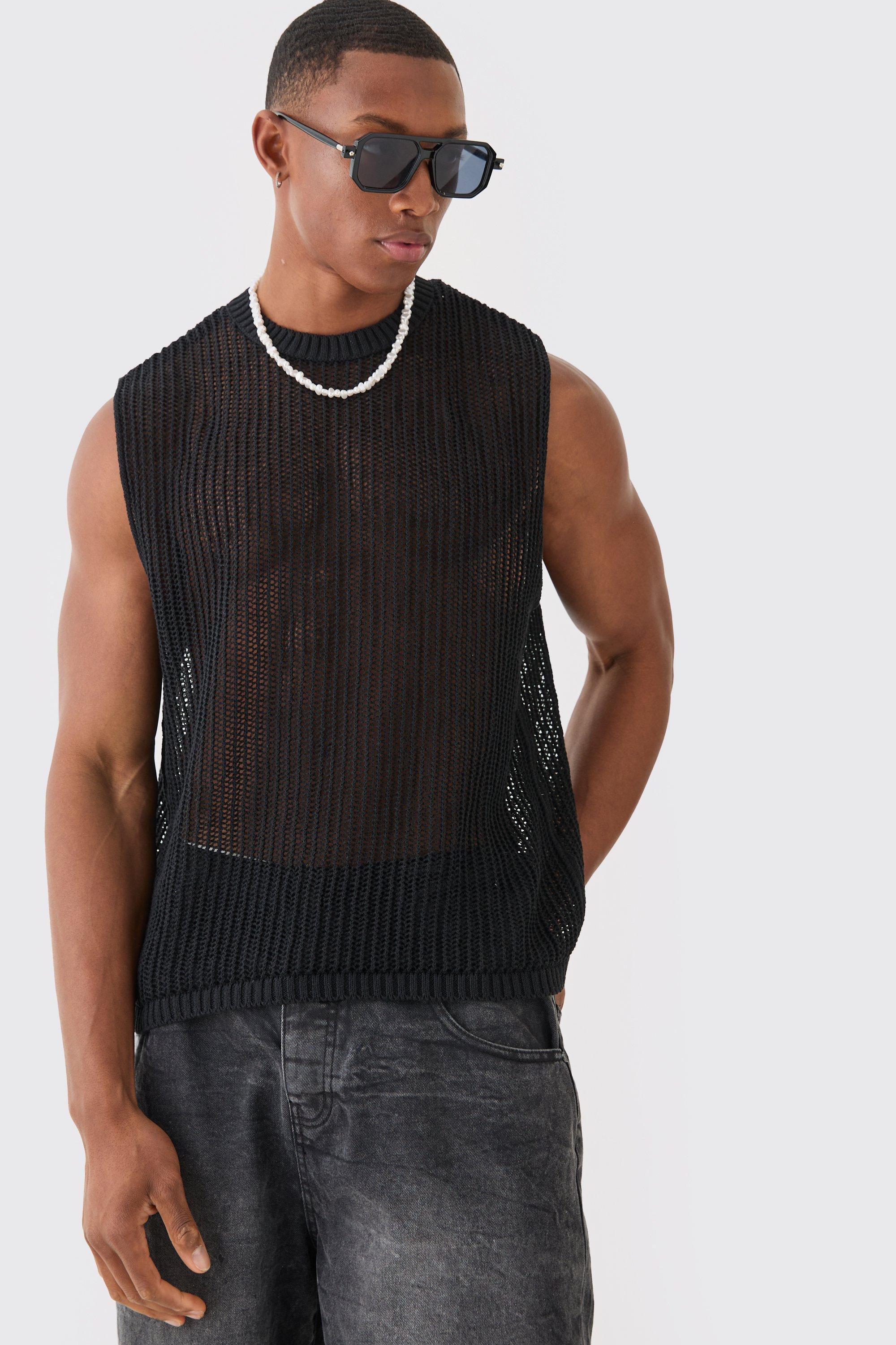 Mens Open Stitch vest In Black, Black