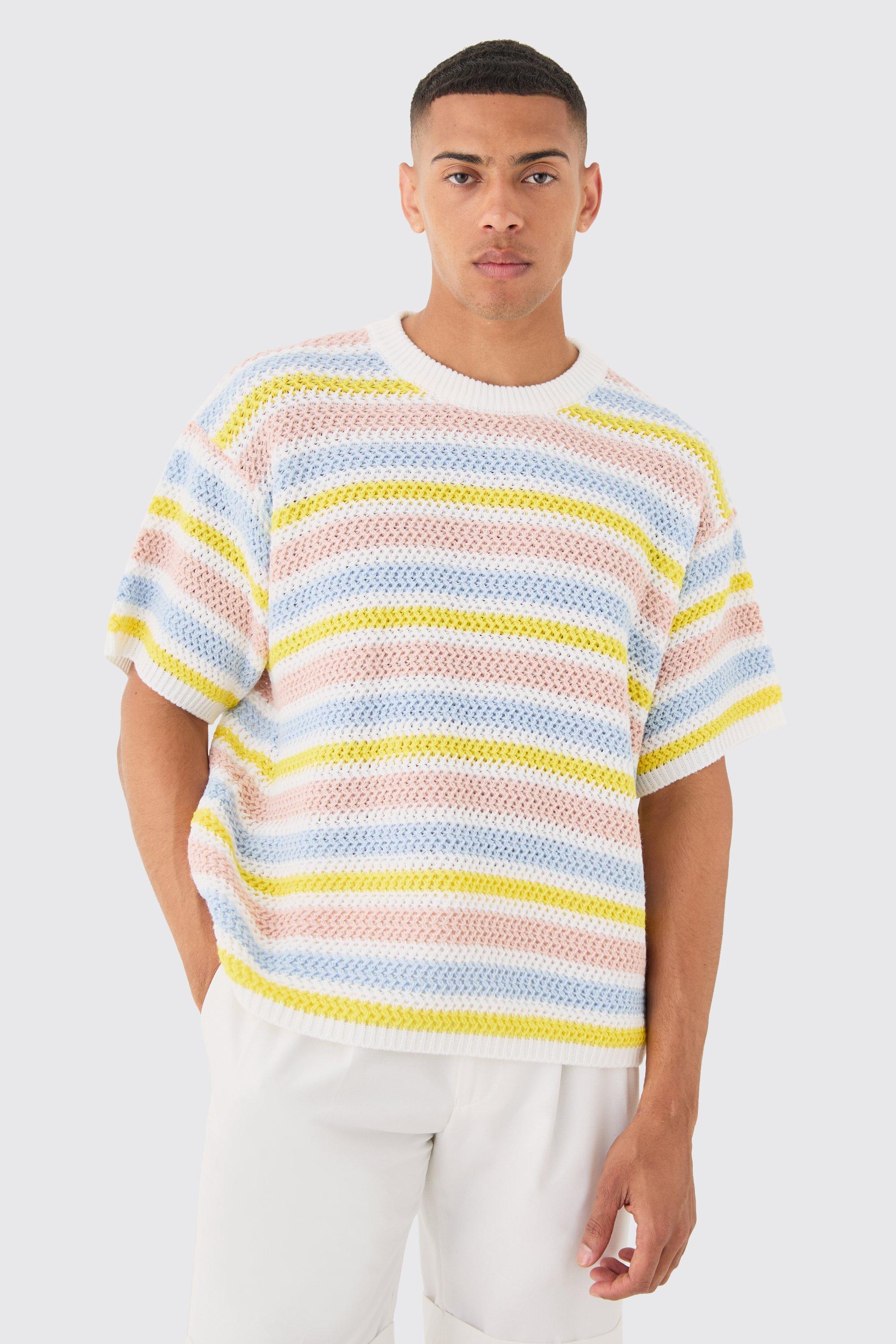 Image of Oversized Stripe Knitted T-shirt In White, Bianco