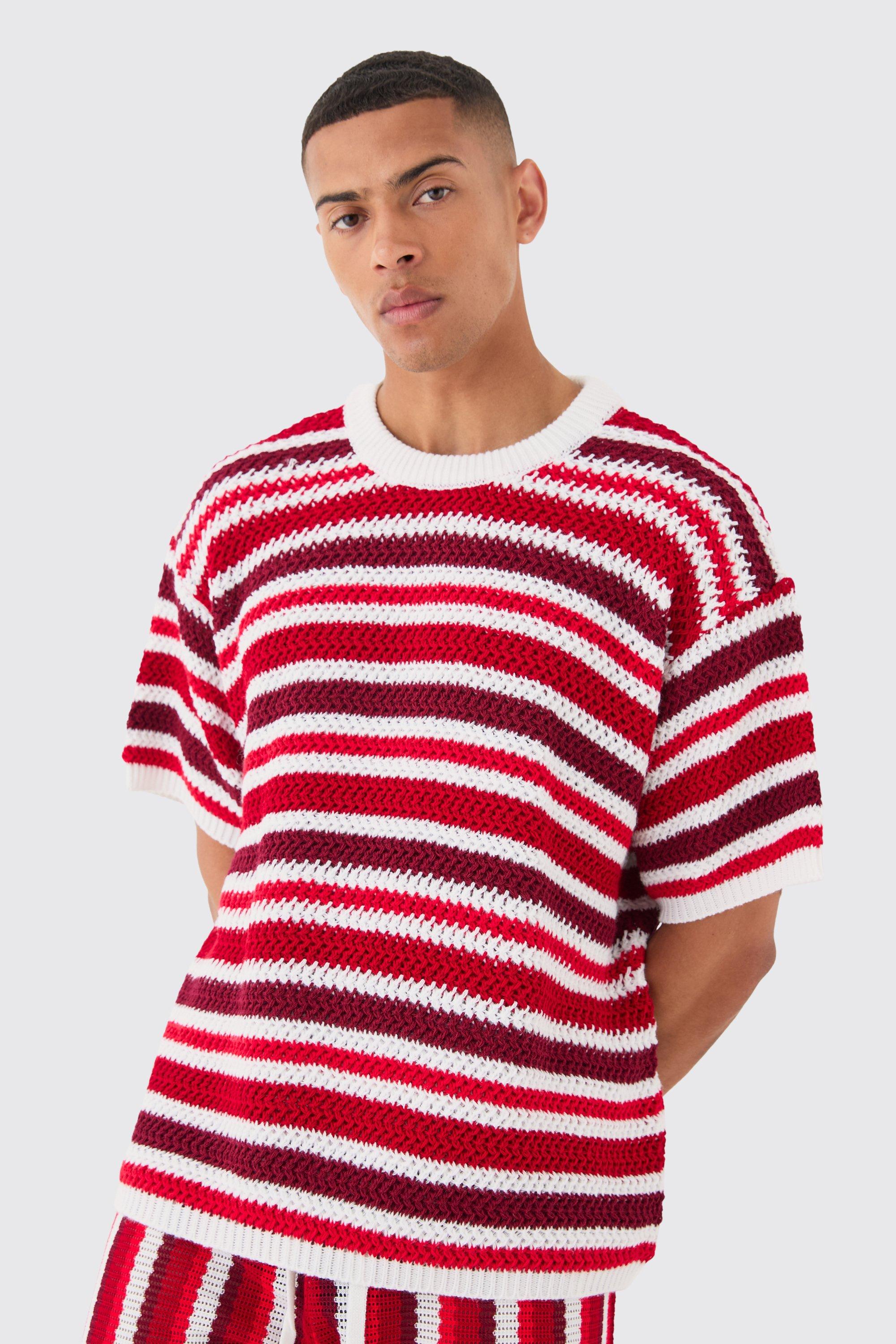 Image of Oversized Stripe Knitted T-shirt In White, Bianco