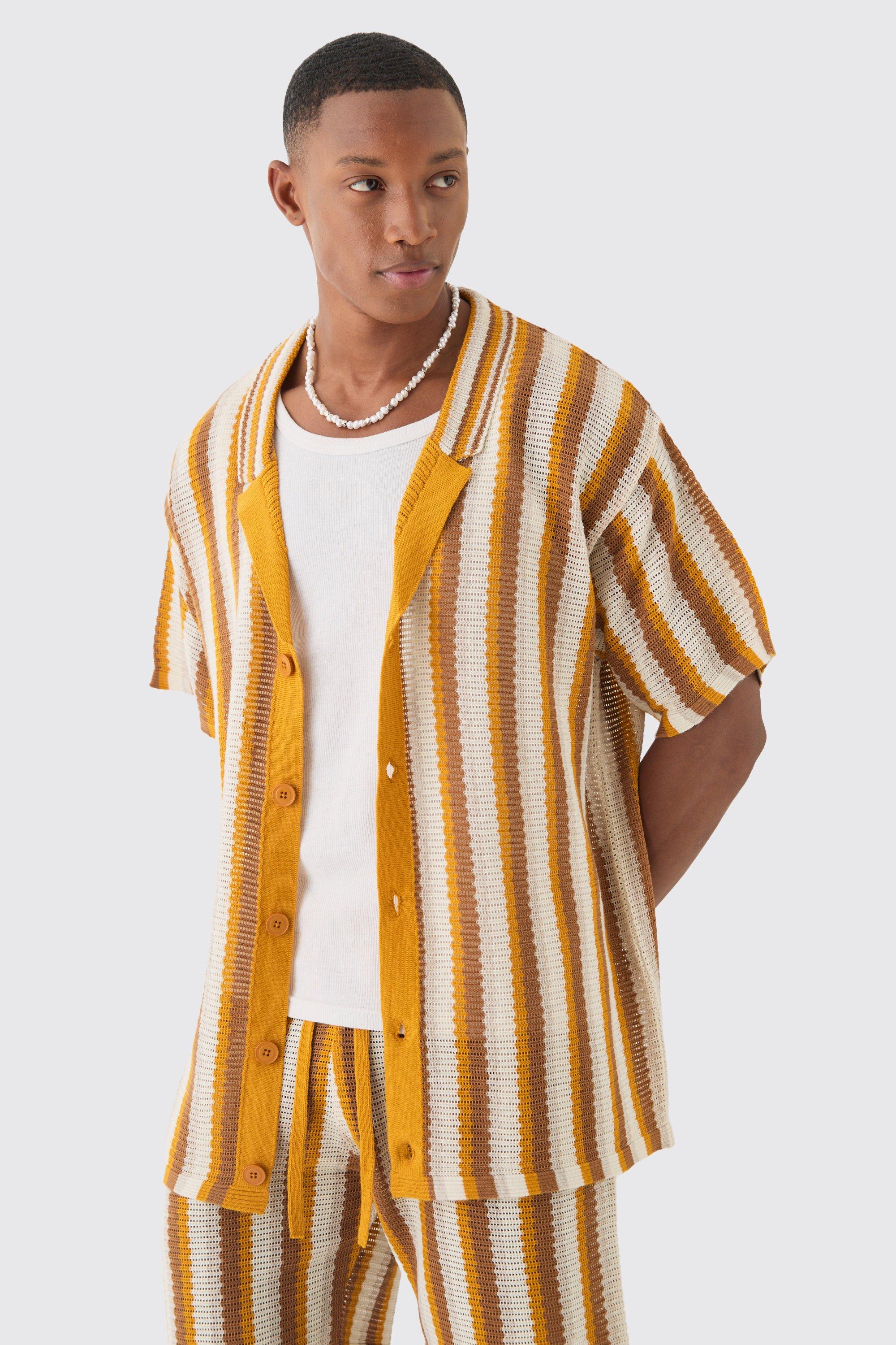 Image of Oversized Open Stitch Stripe Knit Shirt In Mustard, Giallo