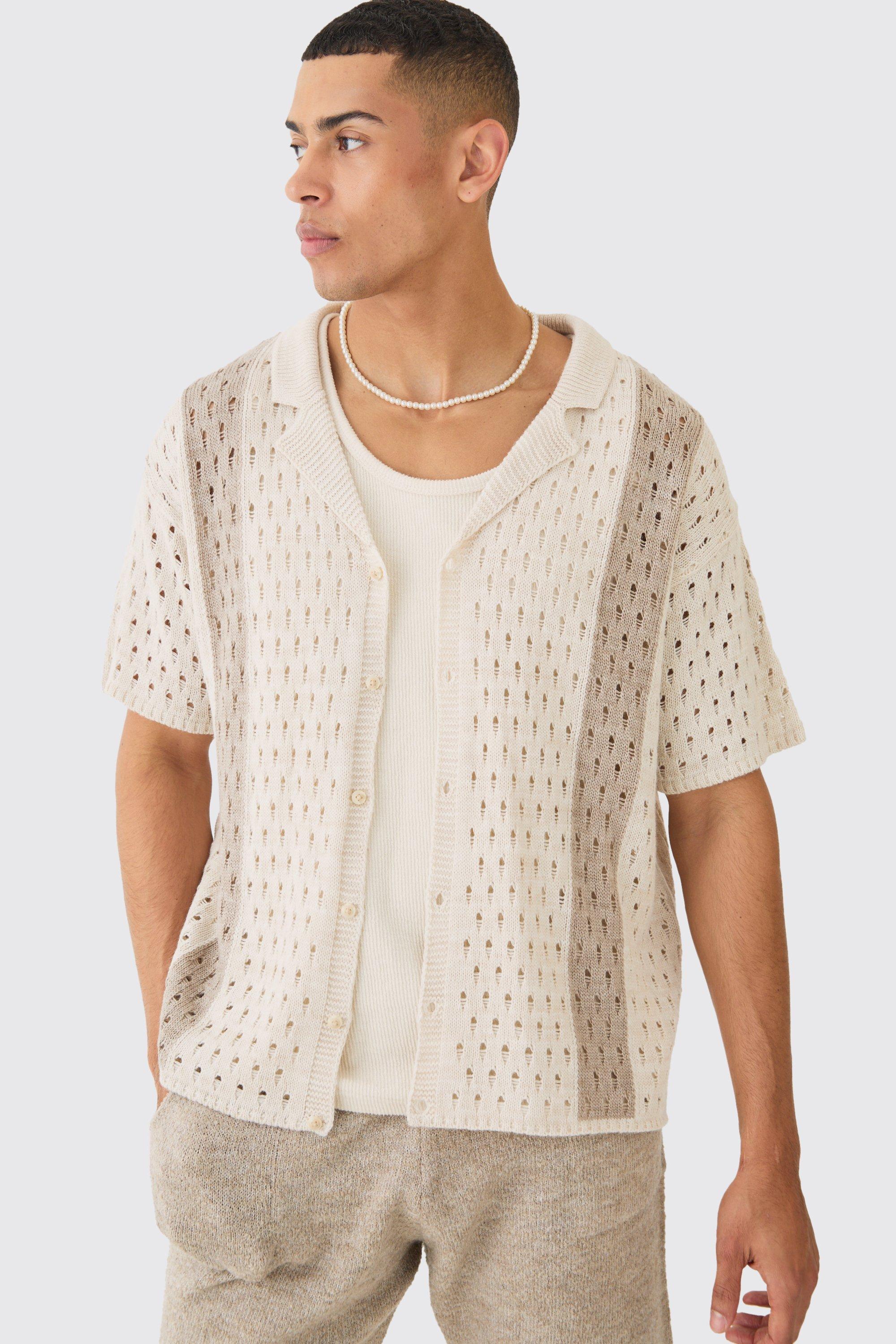 Image of Oversized Boxy Open Stitch Stripe Knit Shirt In Ecru, Cream