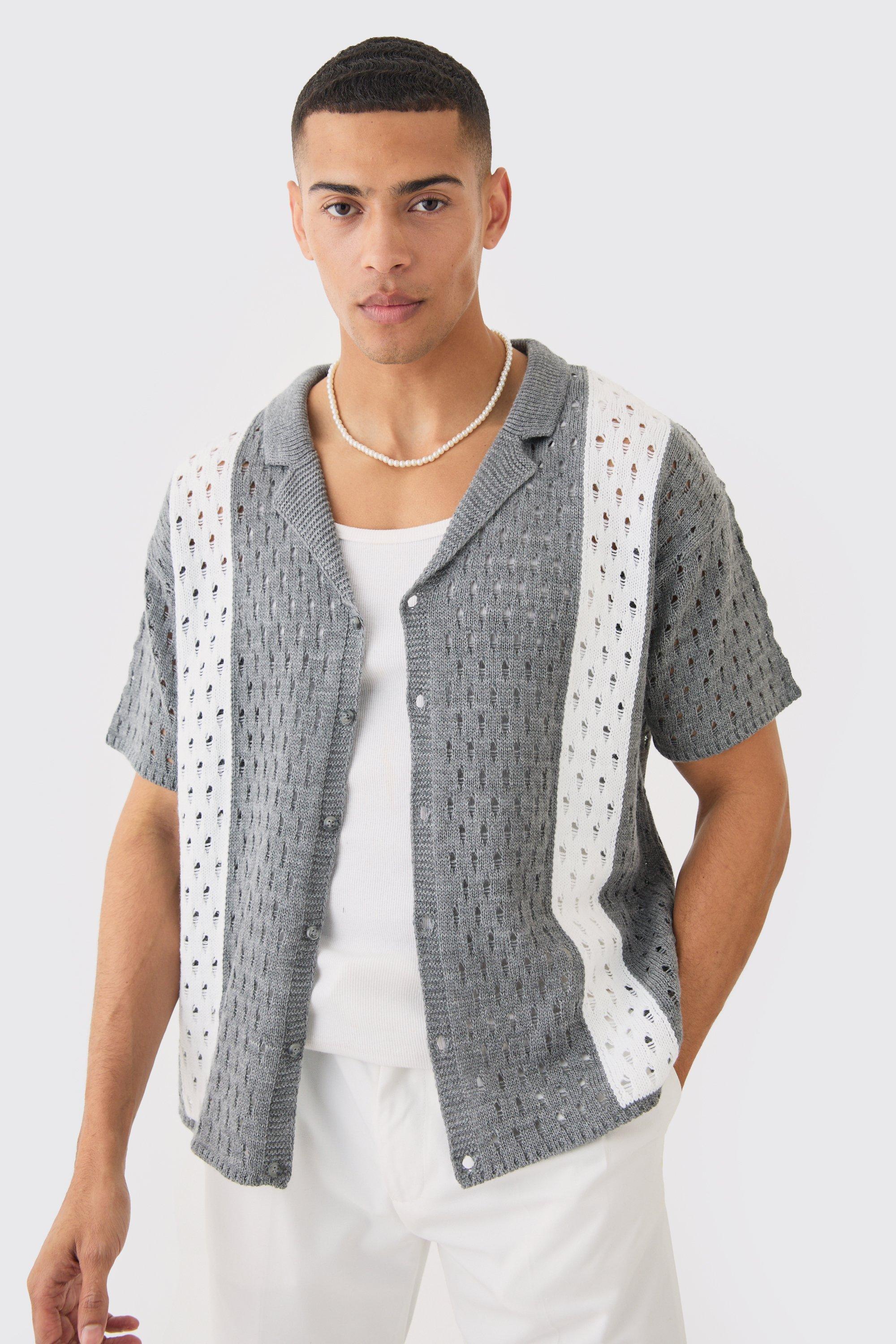 Image of        Oversized Boxy Open Stitch Stripe Knit Shirt In Charcoal, Grigio