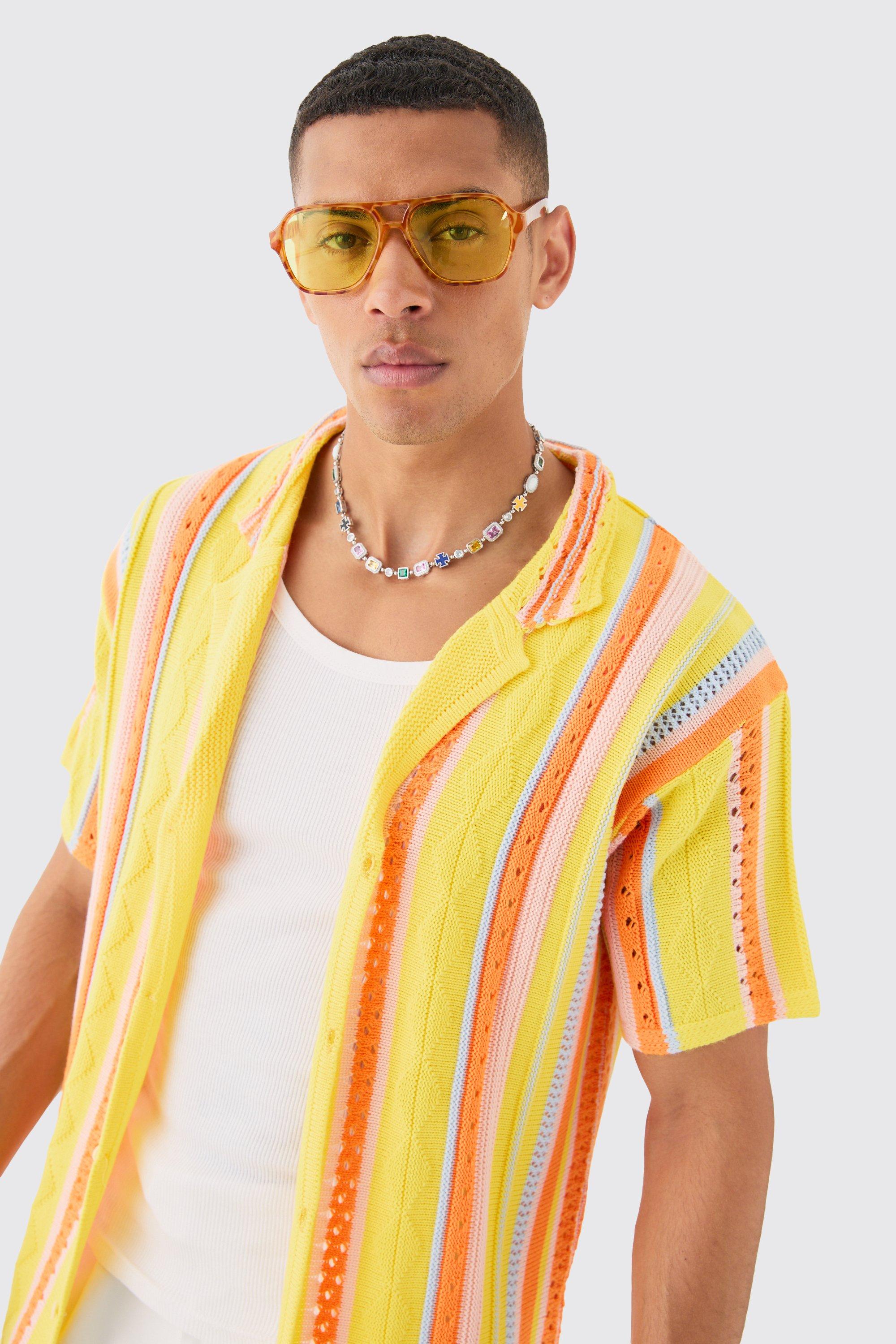 Mens Oversized Boxy Open Stitch 3D Knit Shirt In Yellow, Yellow