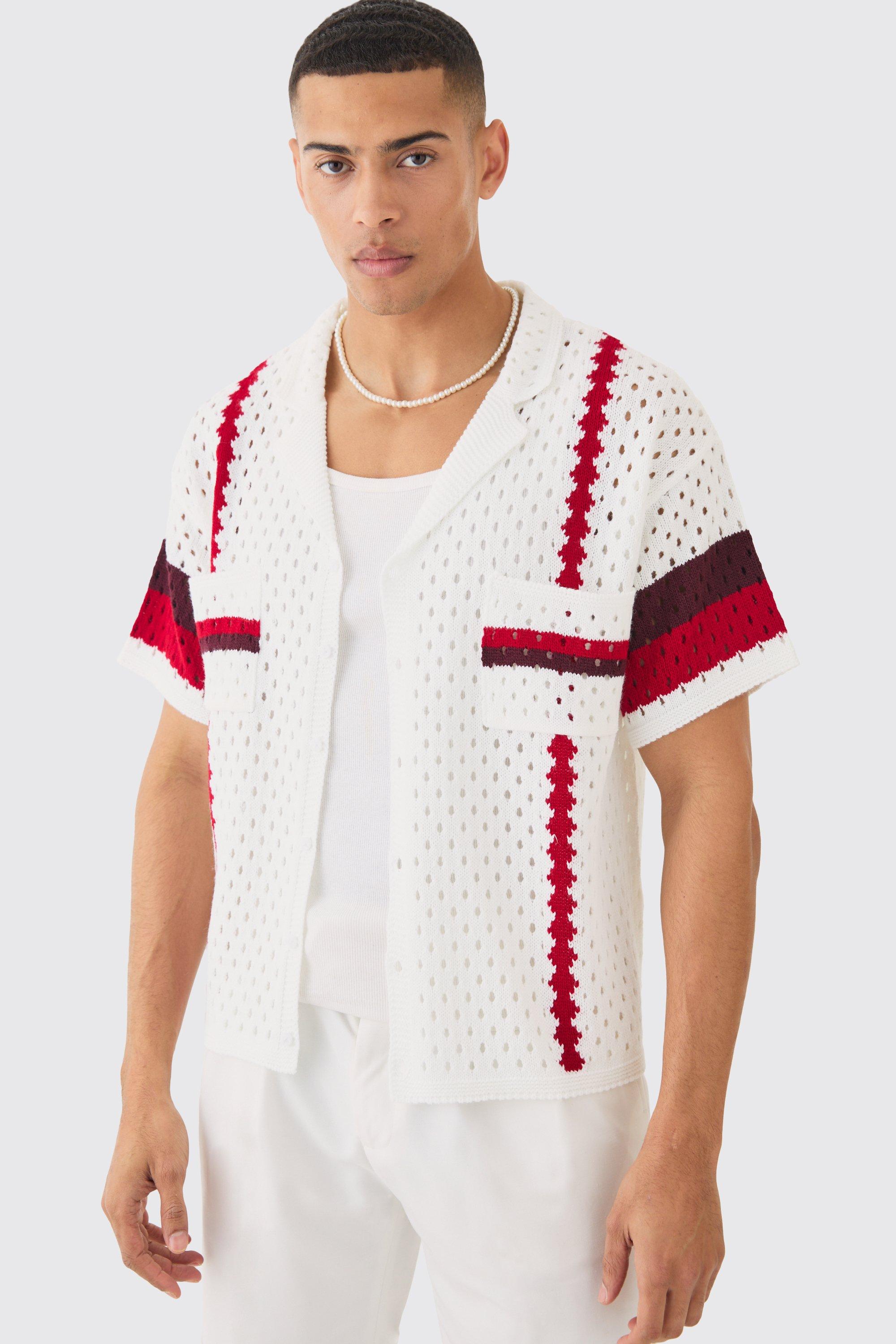 Image of Oversized Boxy Open Stitch Revere Stripe Shirt In White, Bianco
