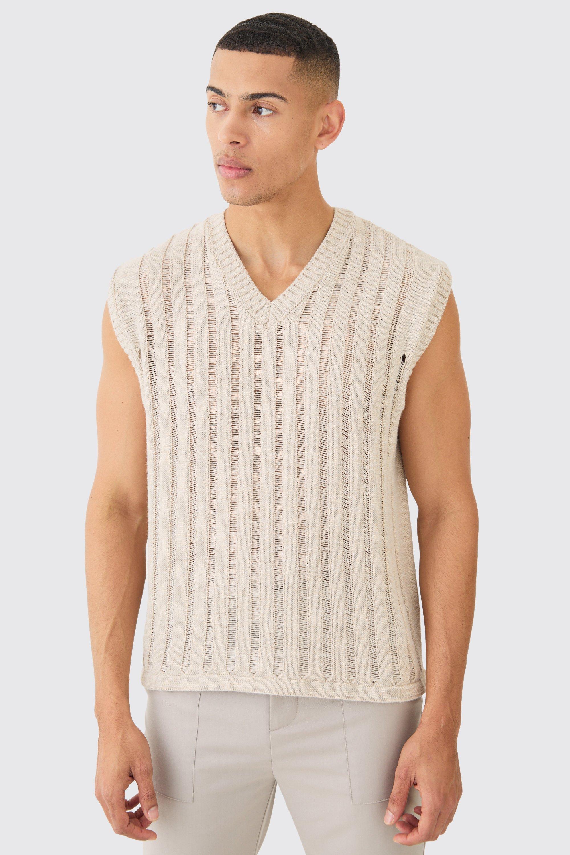 Mens Beige Open Stitch Vest In Stone, Beige