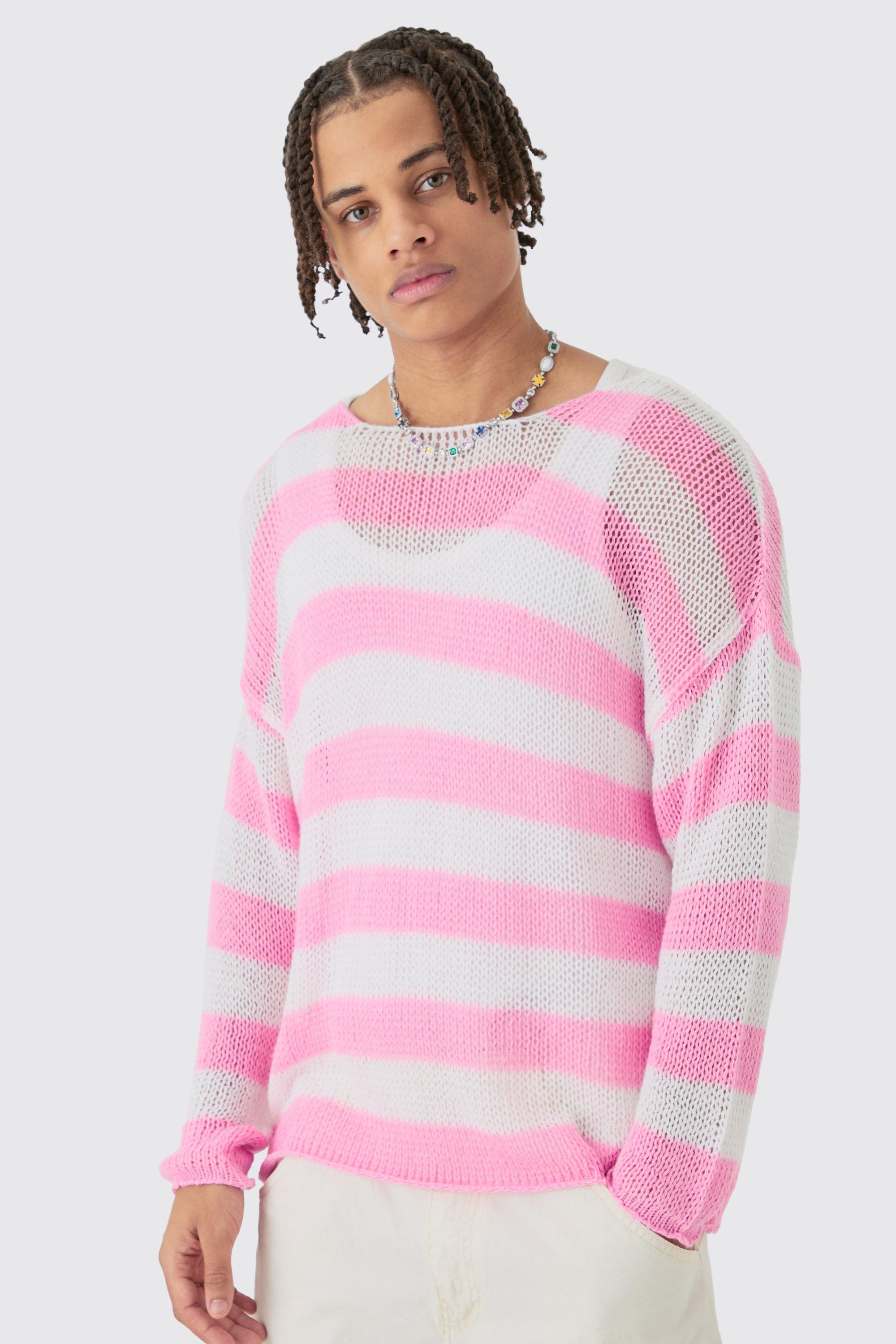 Image of Oversized Boxy Open Knit Stripe Jumper In Pink, Pink