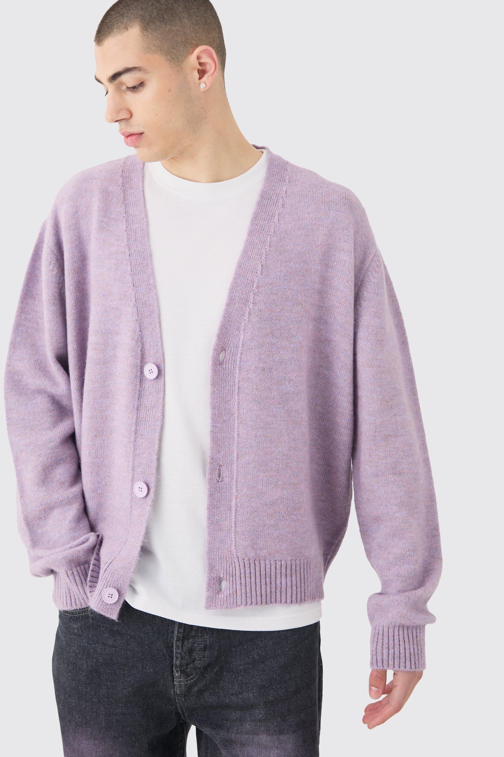 Mens Purple Boxy Brushed Knit Cardigan In Lilac, Purple