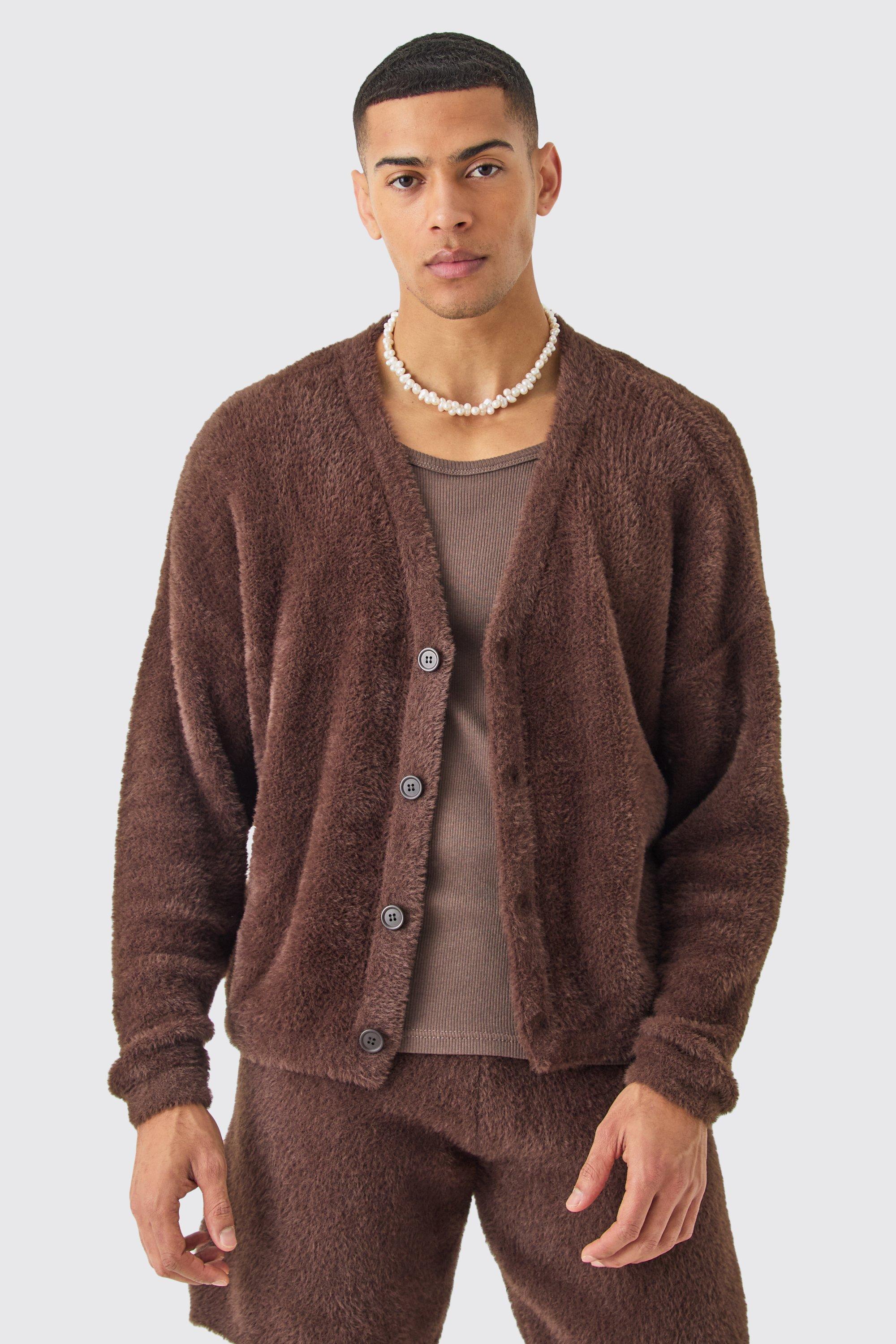 Mens Fluffy Knit Cardigan In Brown, Brown