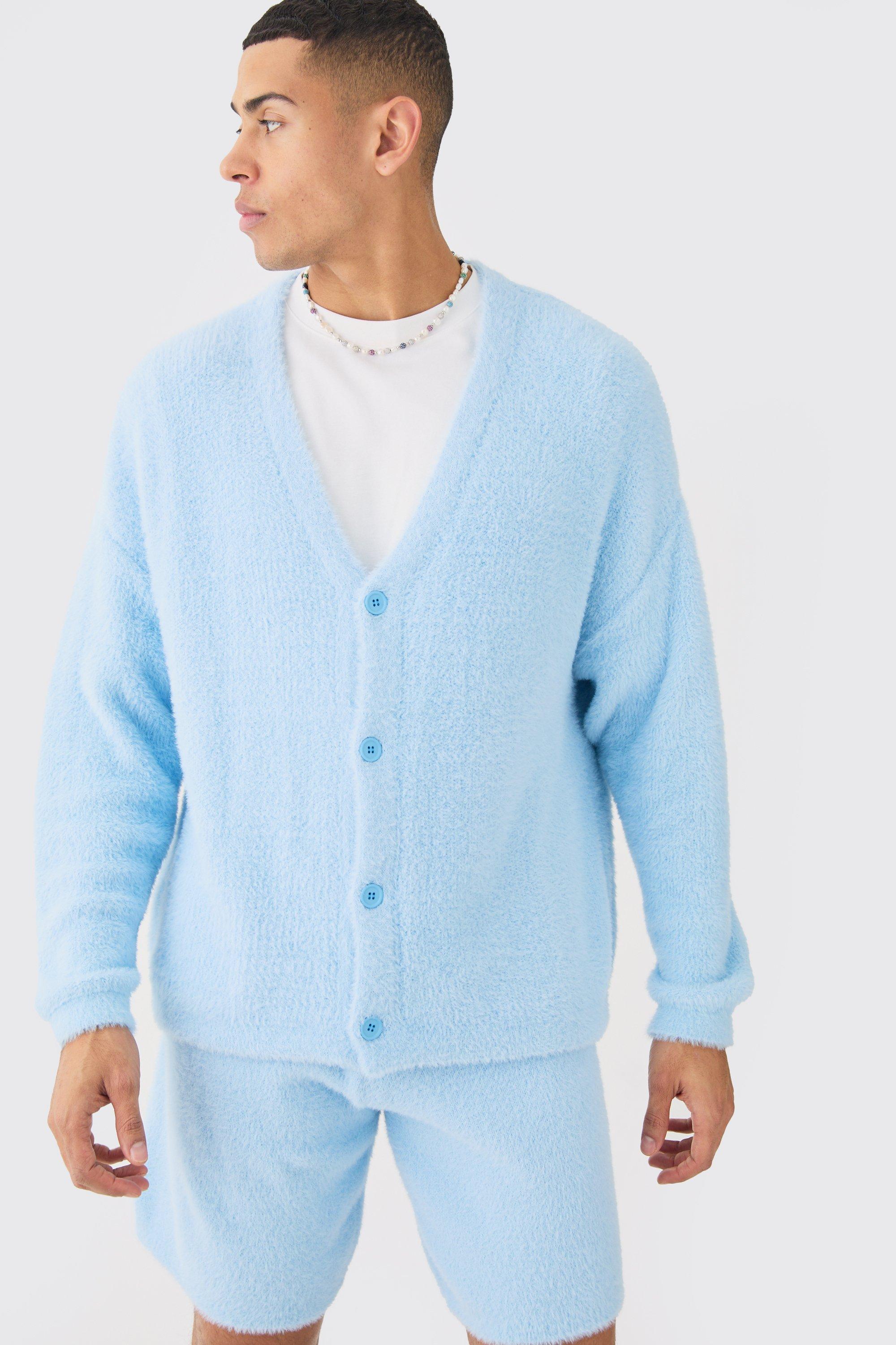 womens fluffy knit cardigan in light blue - m, blue