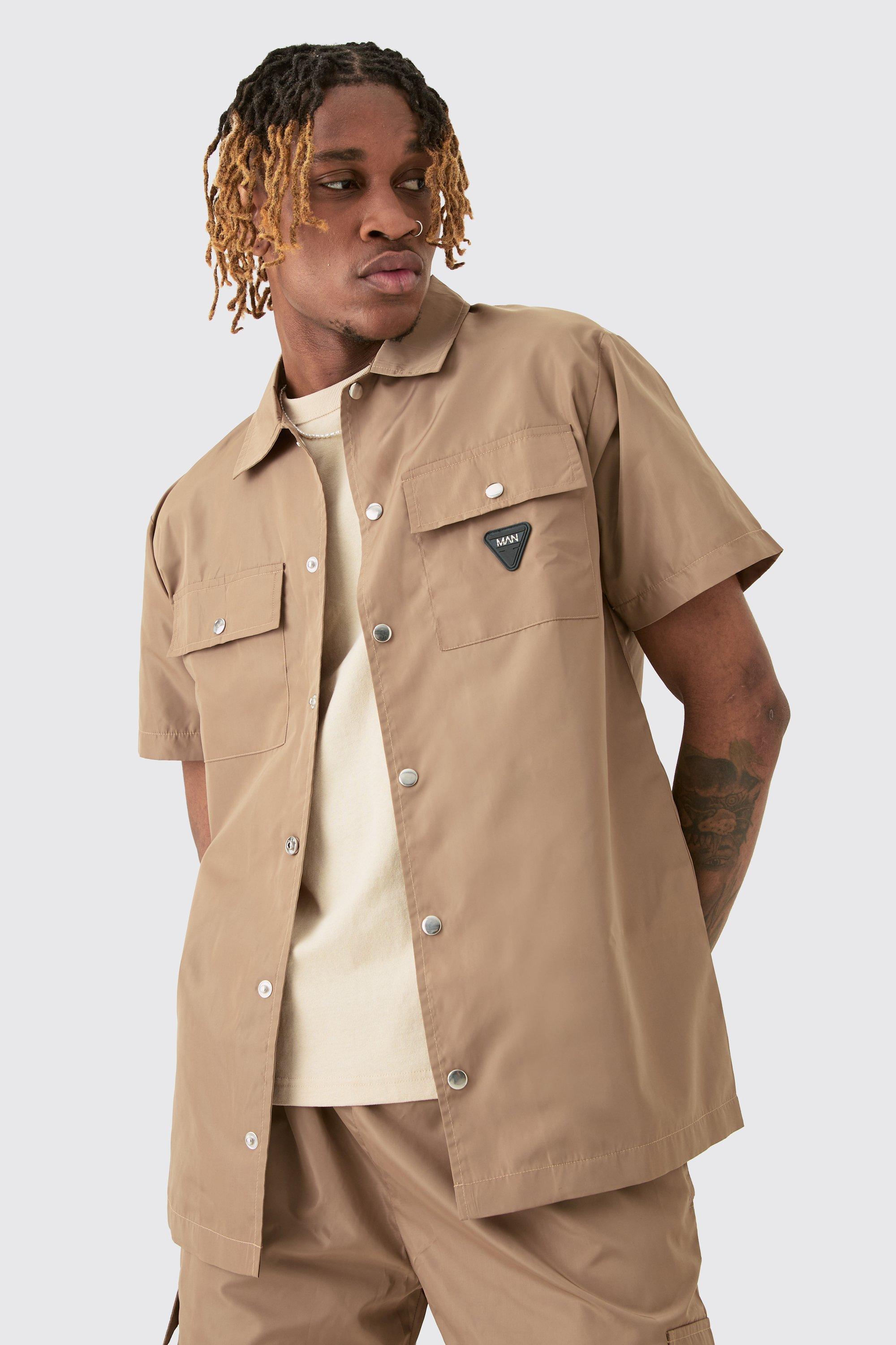 Mens Beige Tall Regular Patch Pocket Nylon Man Overshirt, Beige