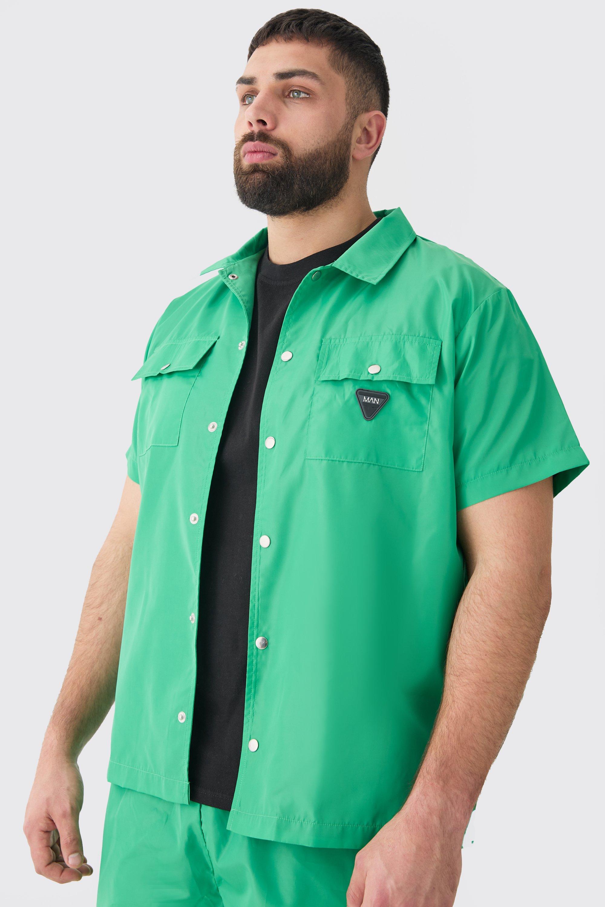 Mens Green Plus Regular Patch Pocket Nylon Man Overshirt, Green