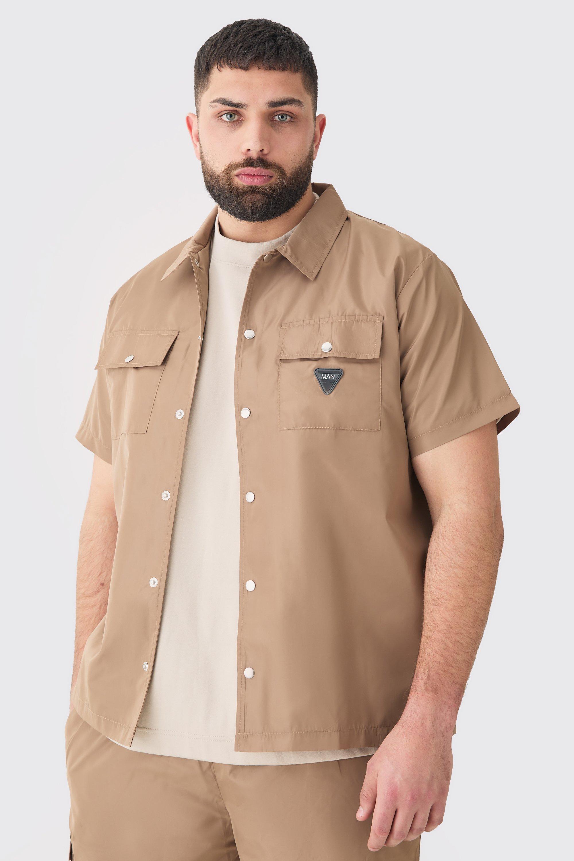 Mens Beige Plus Regular Patch Pocket Nylon Man Overshirt, Beige