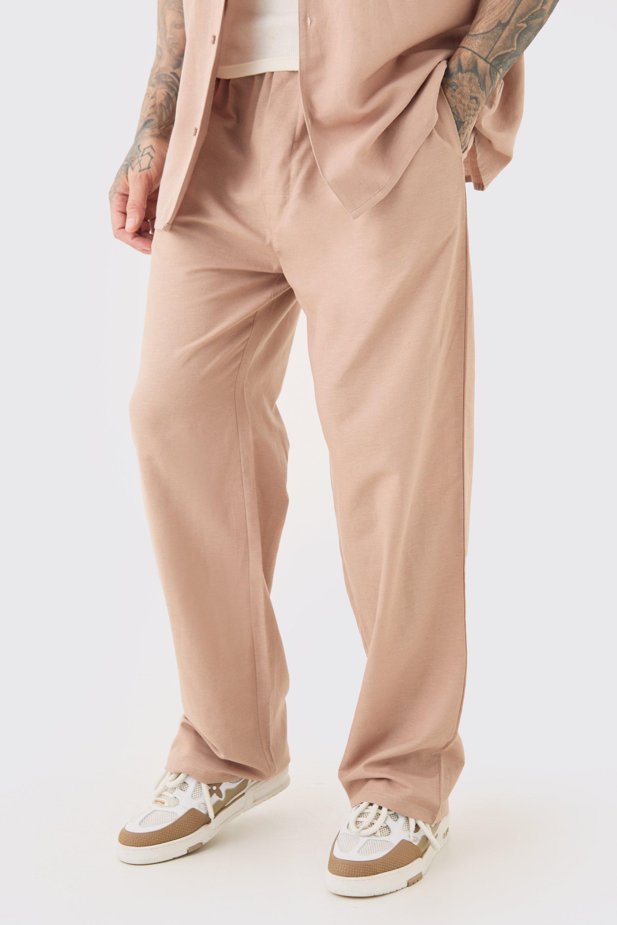 Mens Beige Tall Elasticated Waist Relaxed Linen Trouser In Taupe, Beige