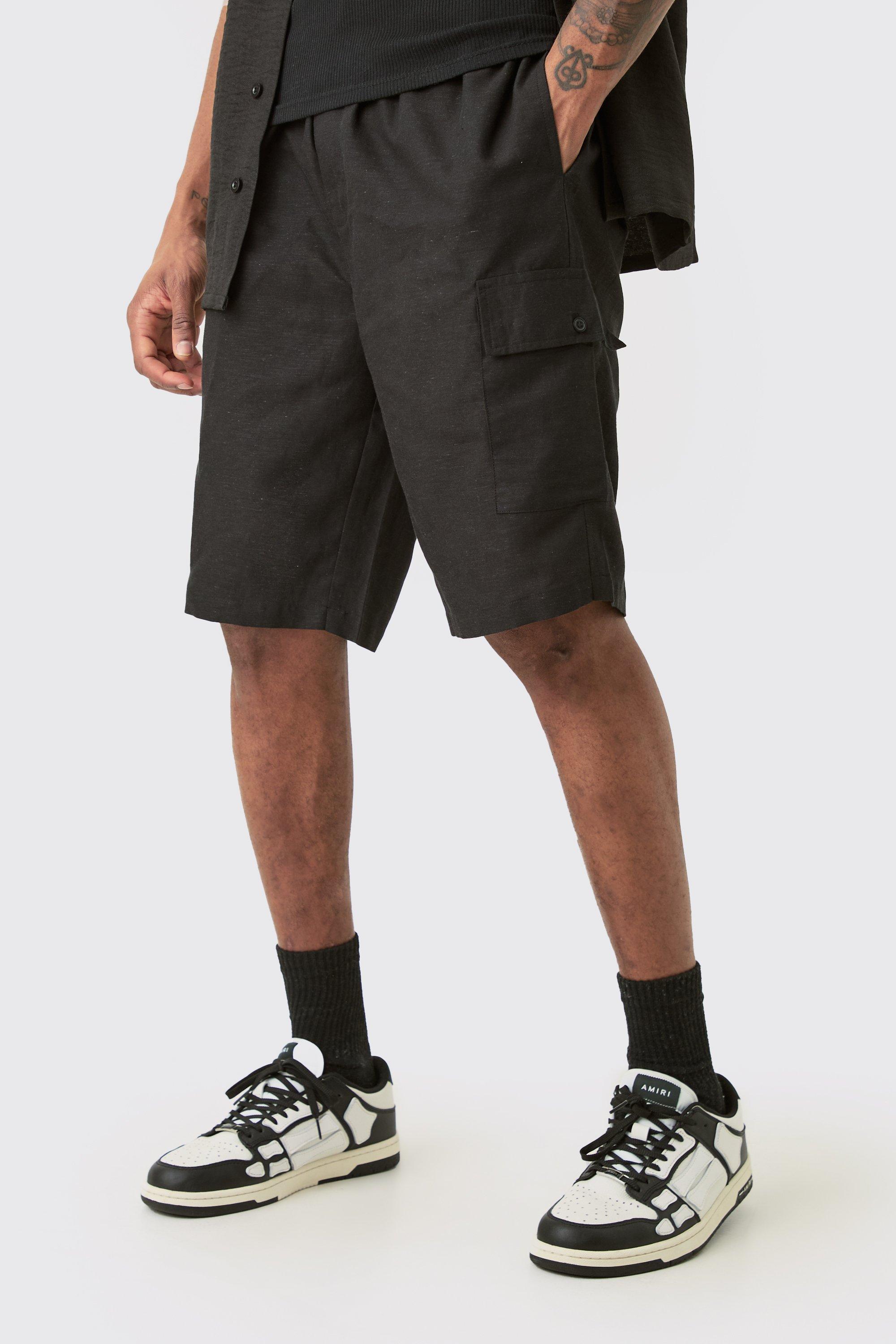Mens Tall Elasticated Waist Relaxed Linen Cargo Shorts In Black