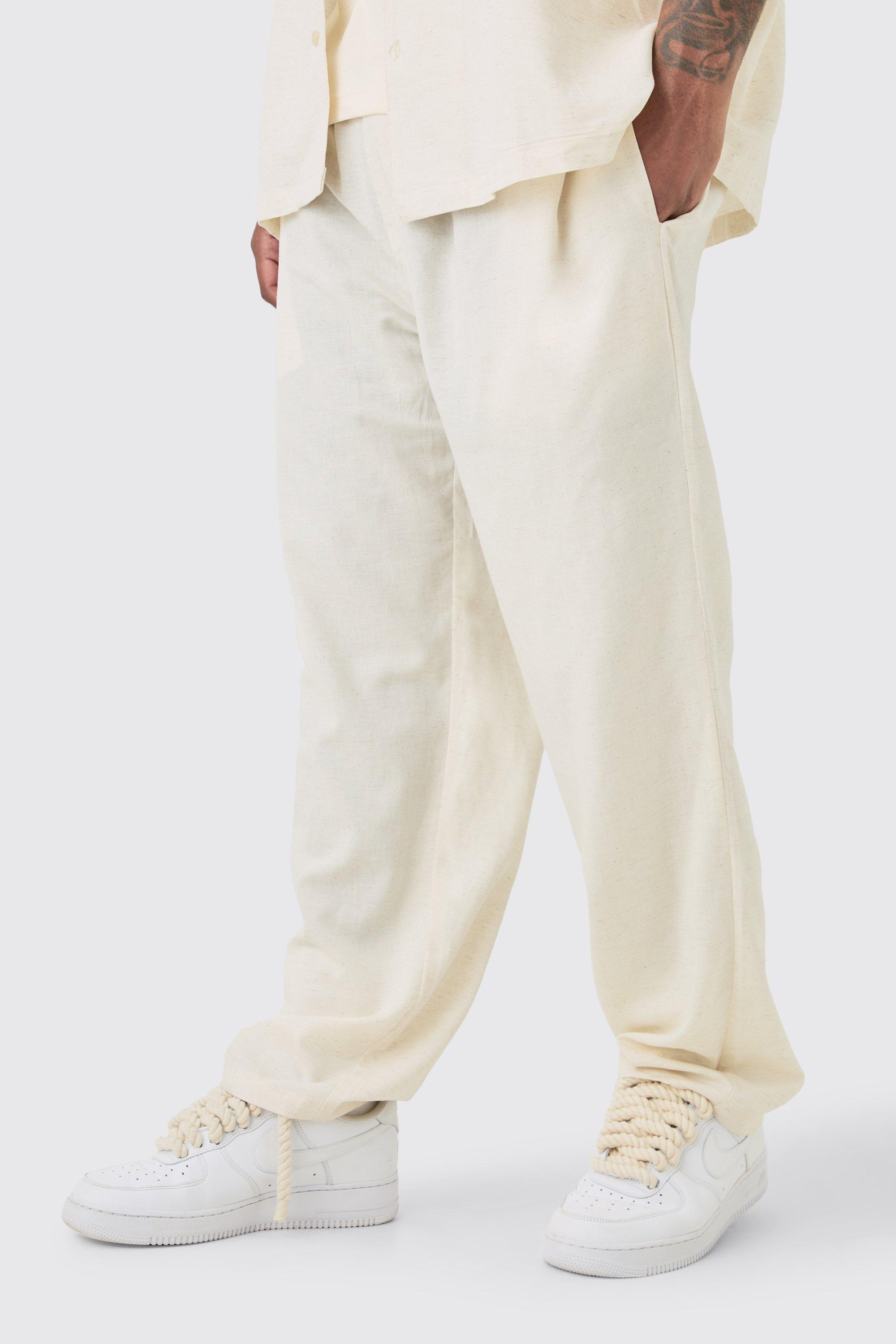 Mens Beige Plus Elasticated Waist Relaxed Linen Trouser In Natural, Beige