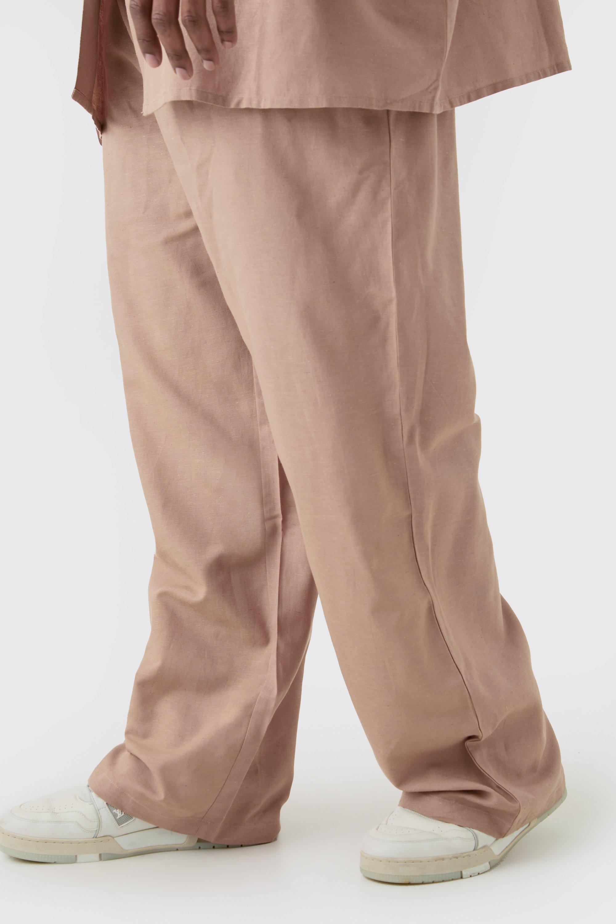 Image of Plus Elasticated Waist Relaxed Linen Trouser In Taupe, Beige