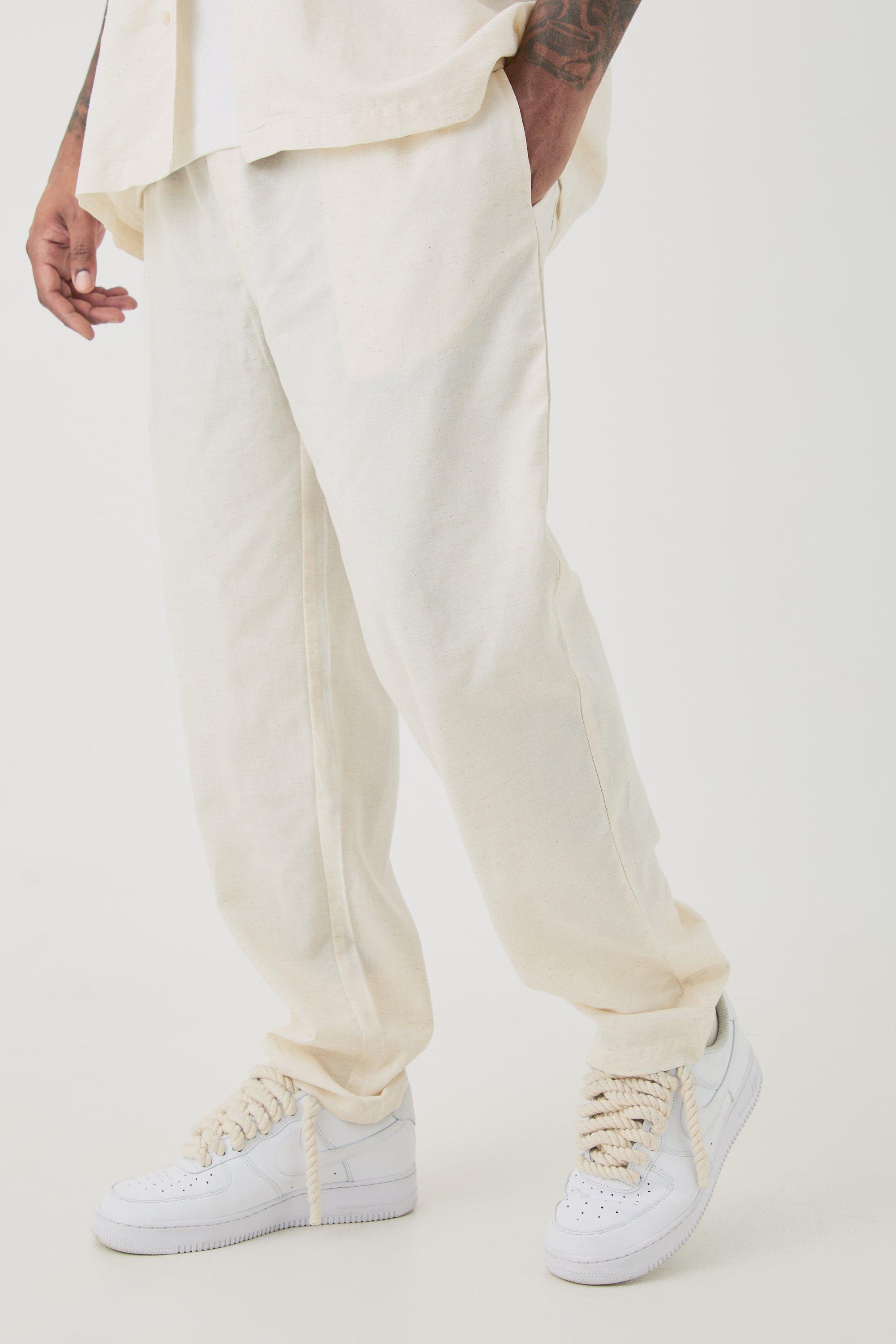 Image of Plus Elasticated Waist Tapered Linen Trouser In Natural, Beige