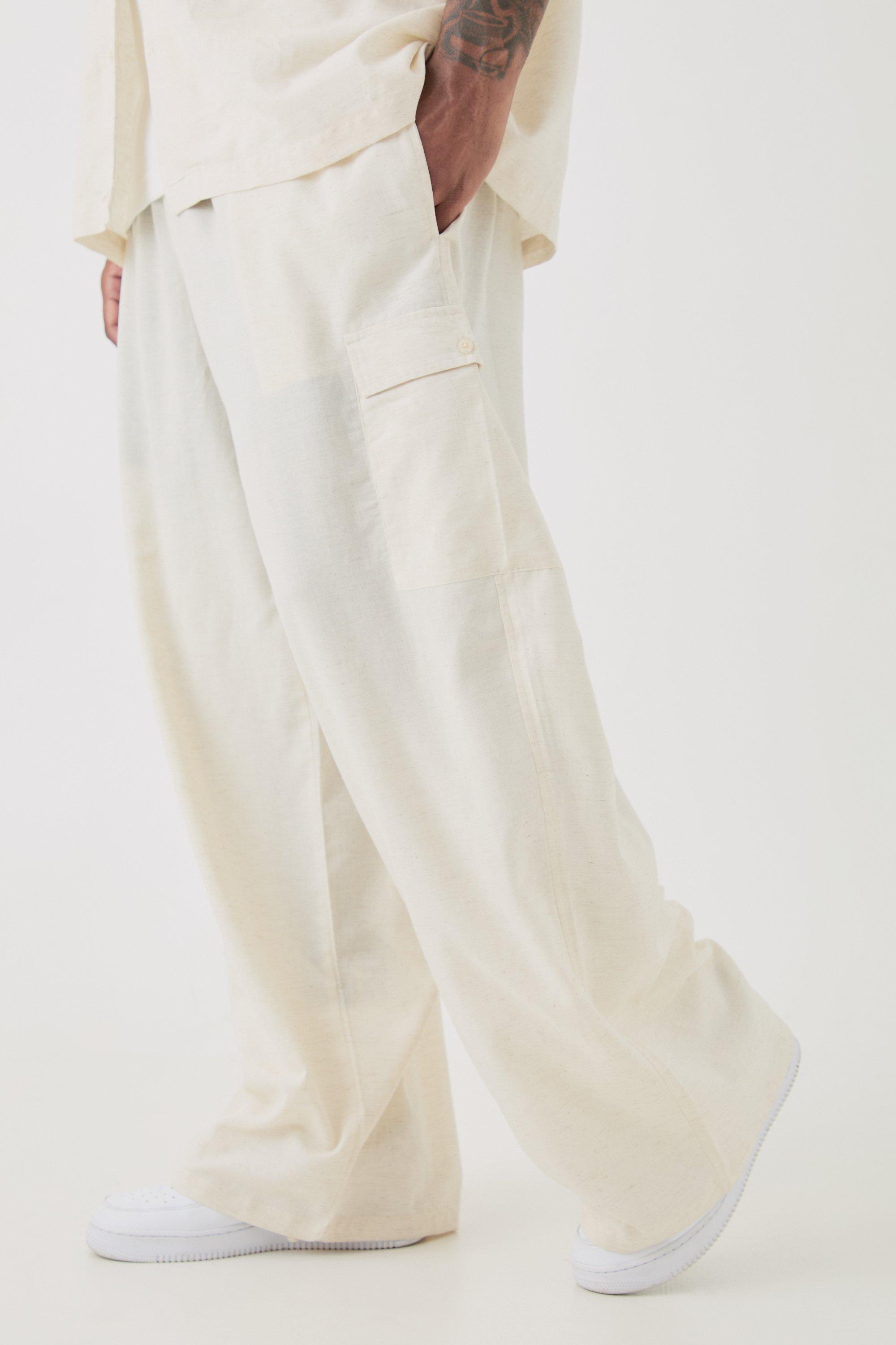 Image of Plus Elasticated Waist Oversized Linen Cargo Trouser In Natural, Beige