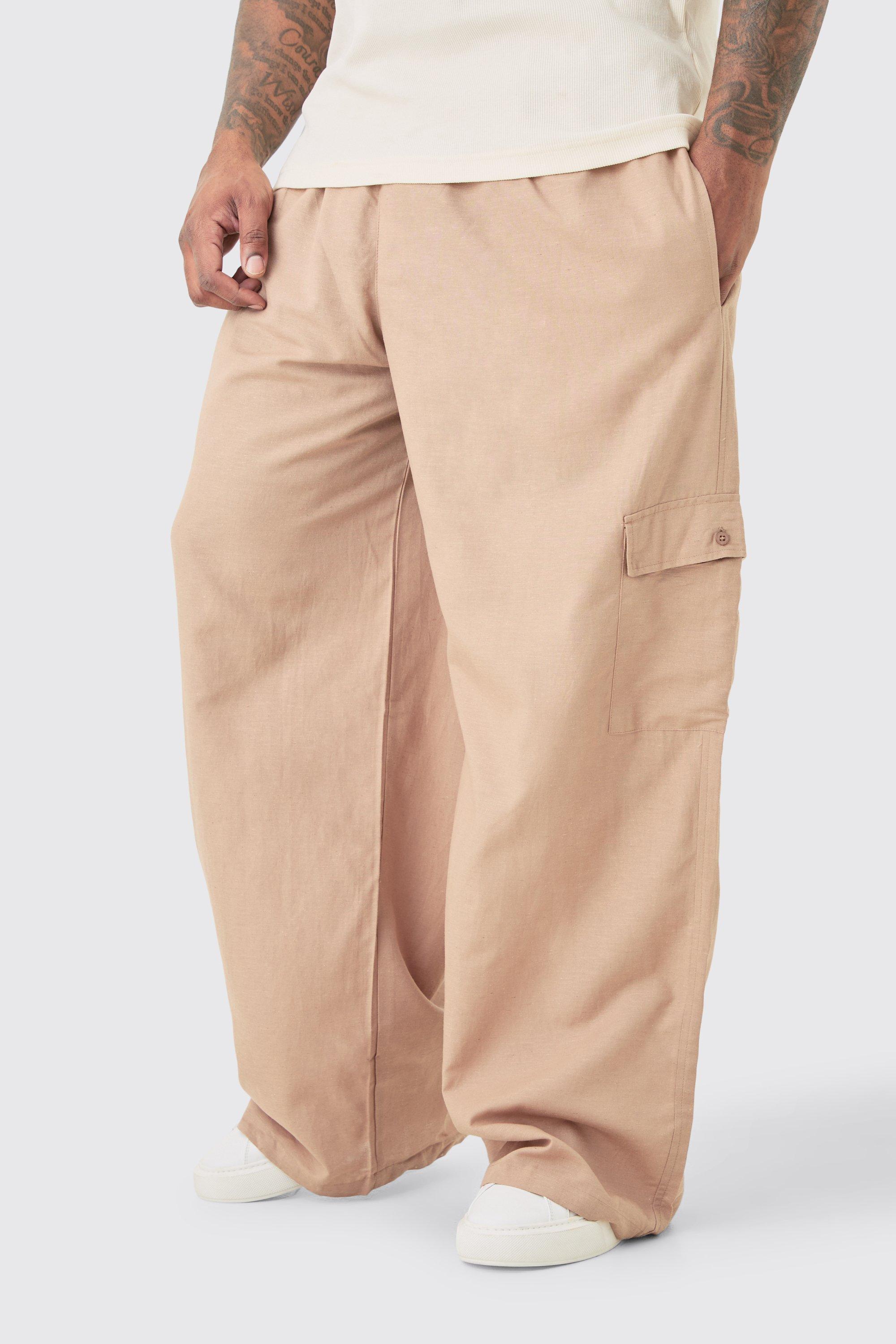 Image of Plus Elasticated Waist Oversized Linen Cargo Trouser In Taupe, Beige