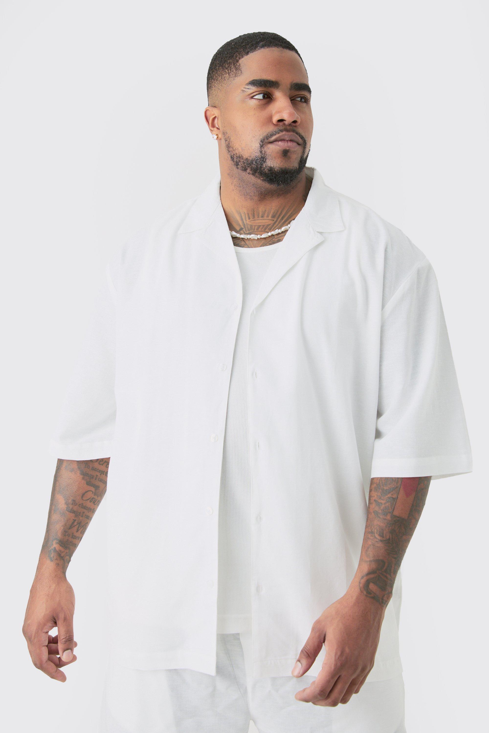 Image of Plus Linen Drop Revere Shirt In White, Bianco
