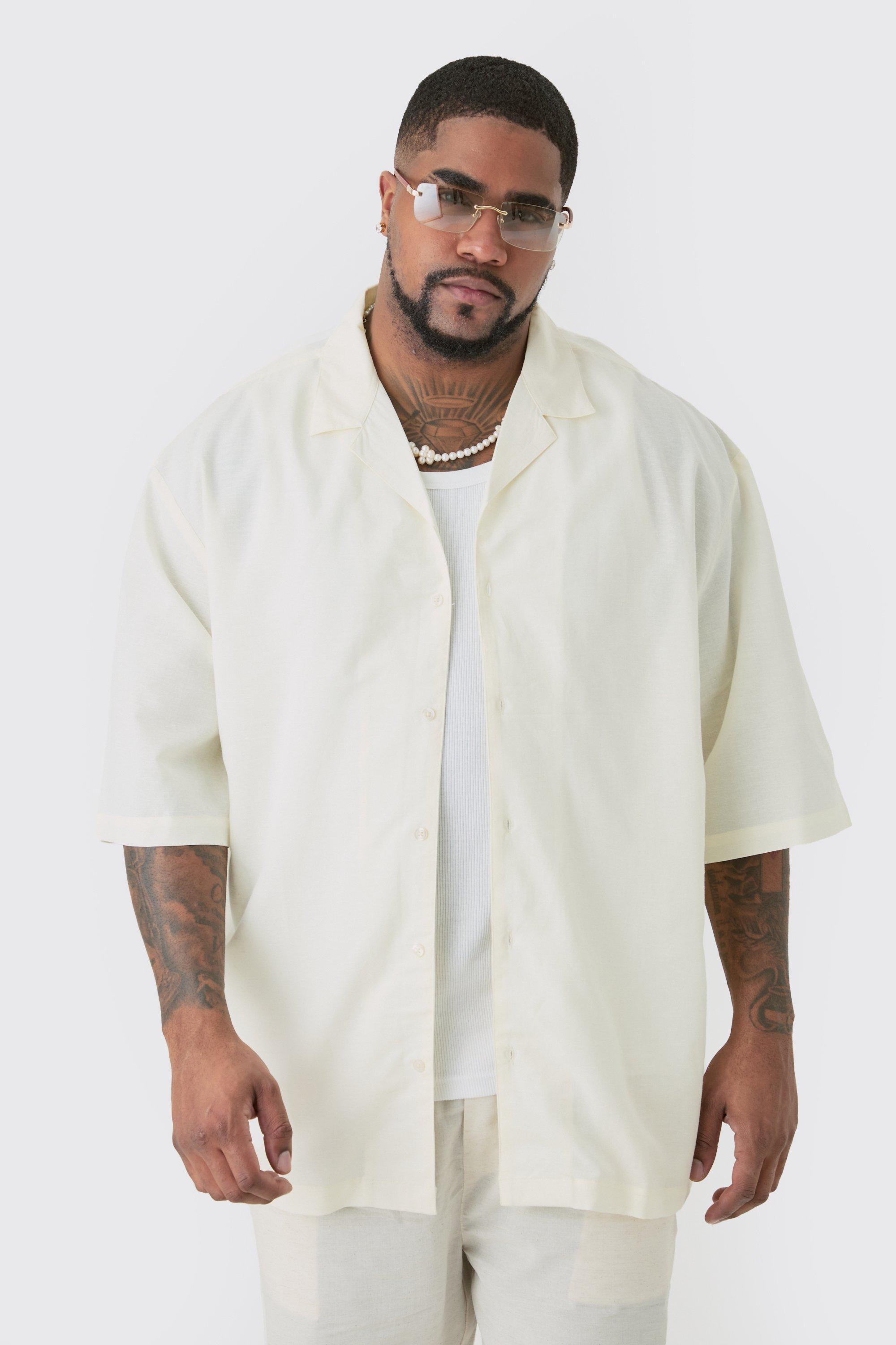Image of Plus Linen Drop Revere Shirt In Ecru, Cream