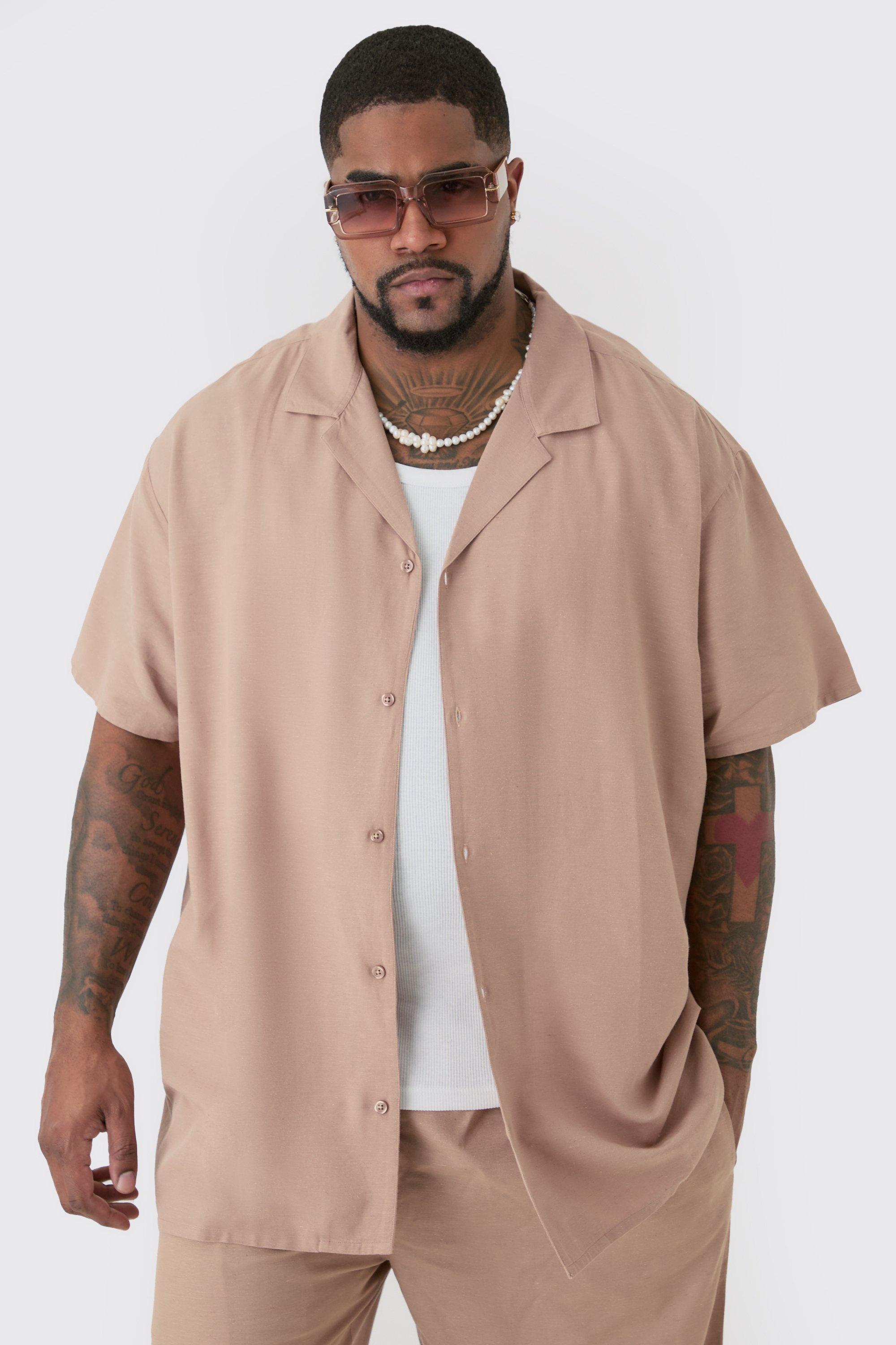 Image of Plus Linen Drop Revere Shirt In Taupe, Beige