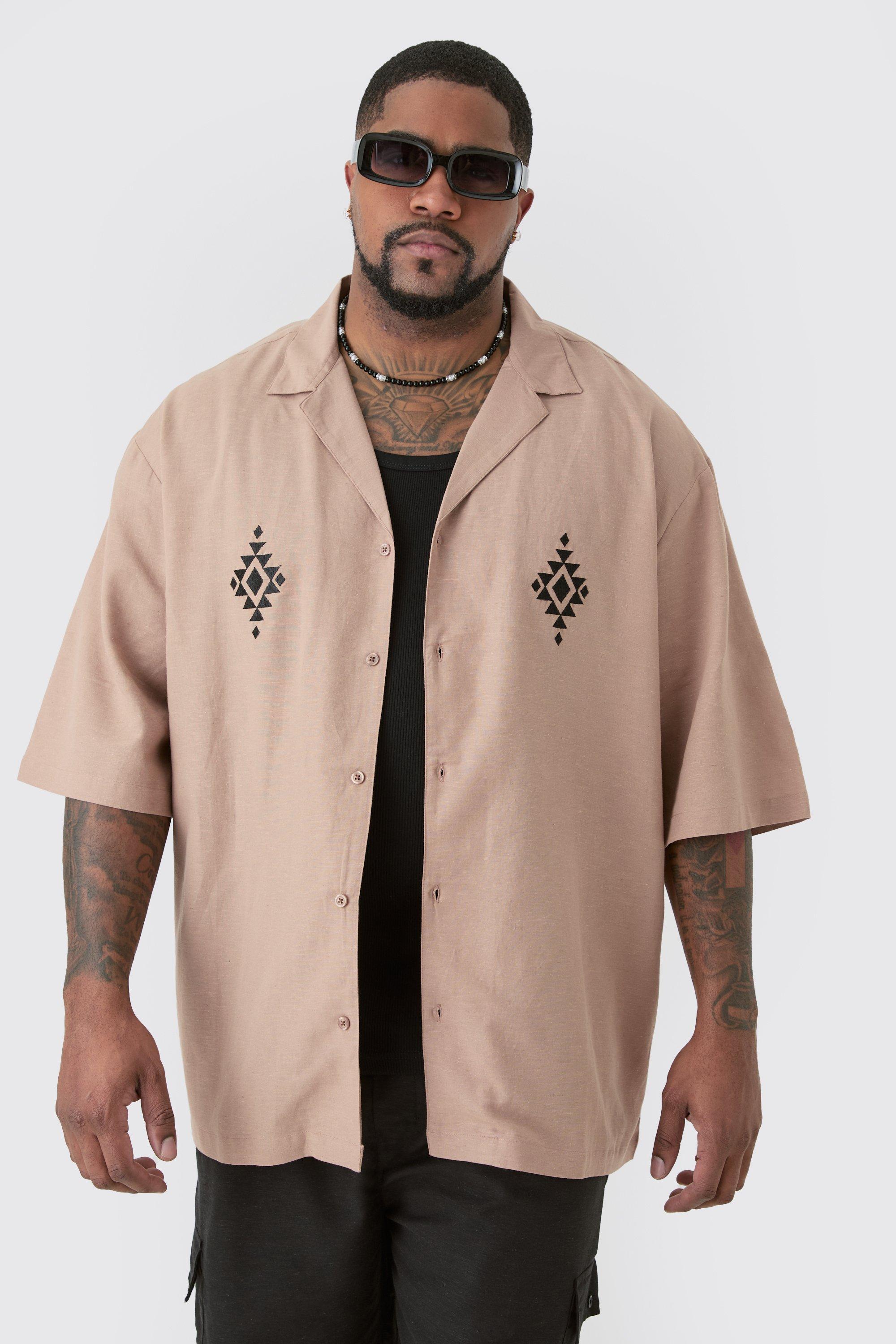 Image of Plus Linen Embroidered Drop Revere Shirt In Taupe, Beige