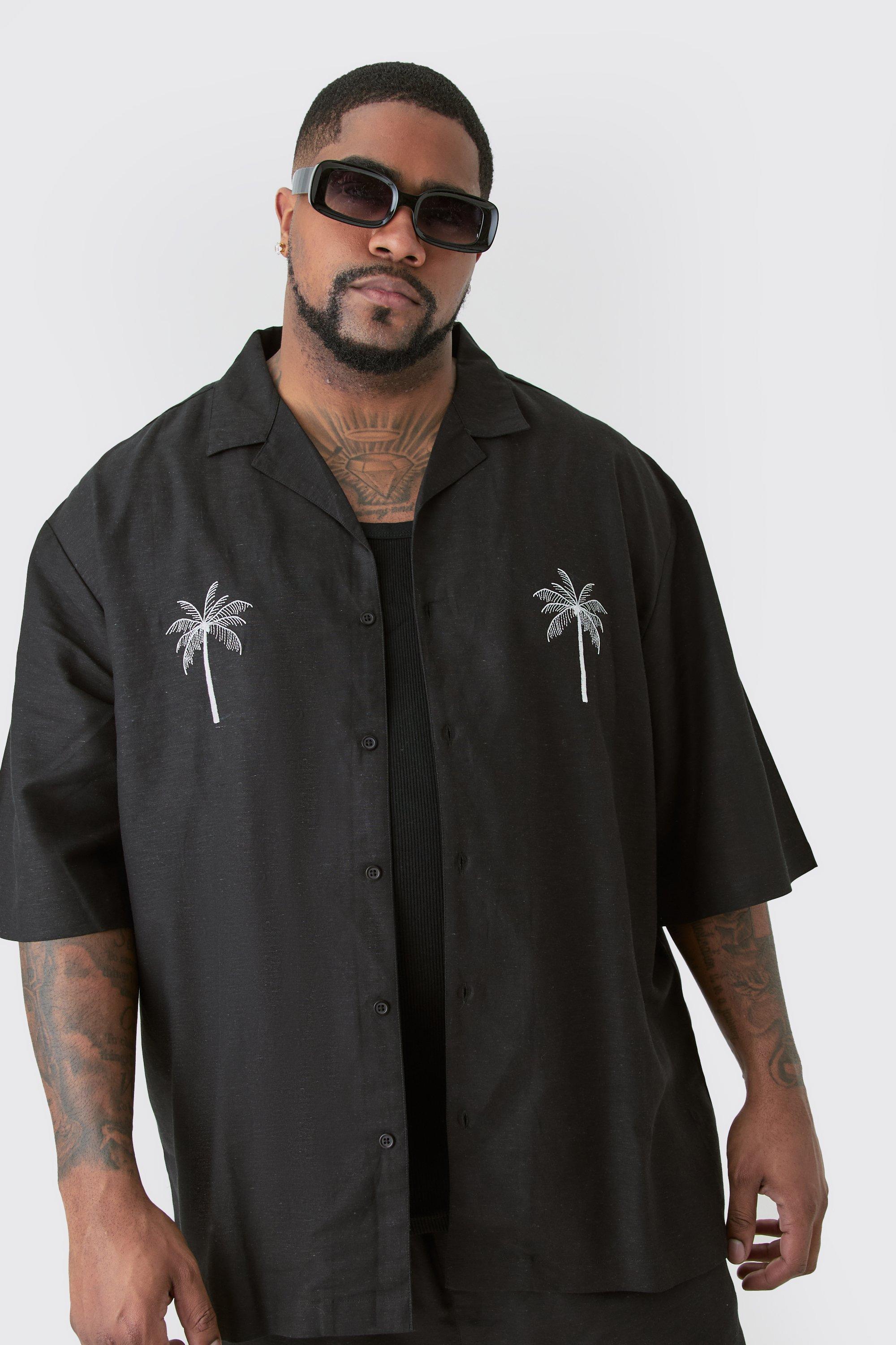Image of Plus Linen Embroidered Drop Revere Shirt In Black, Nero
