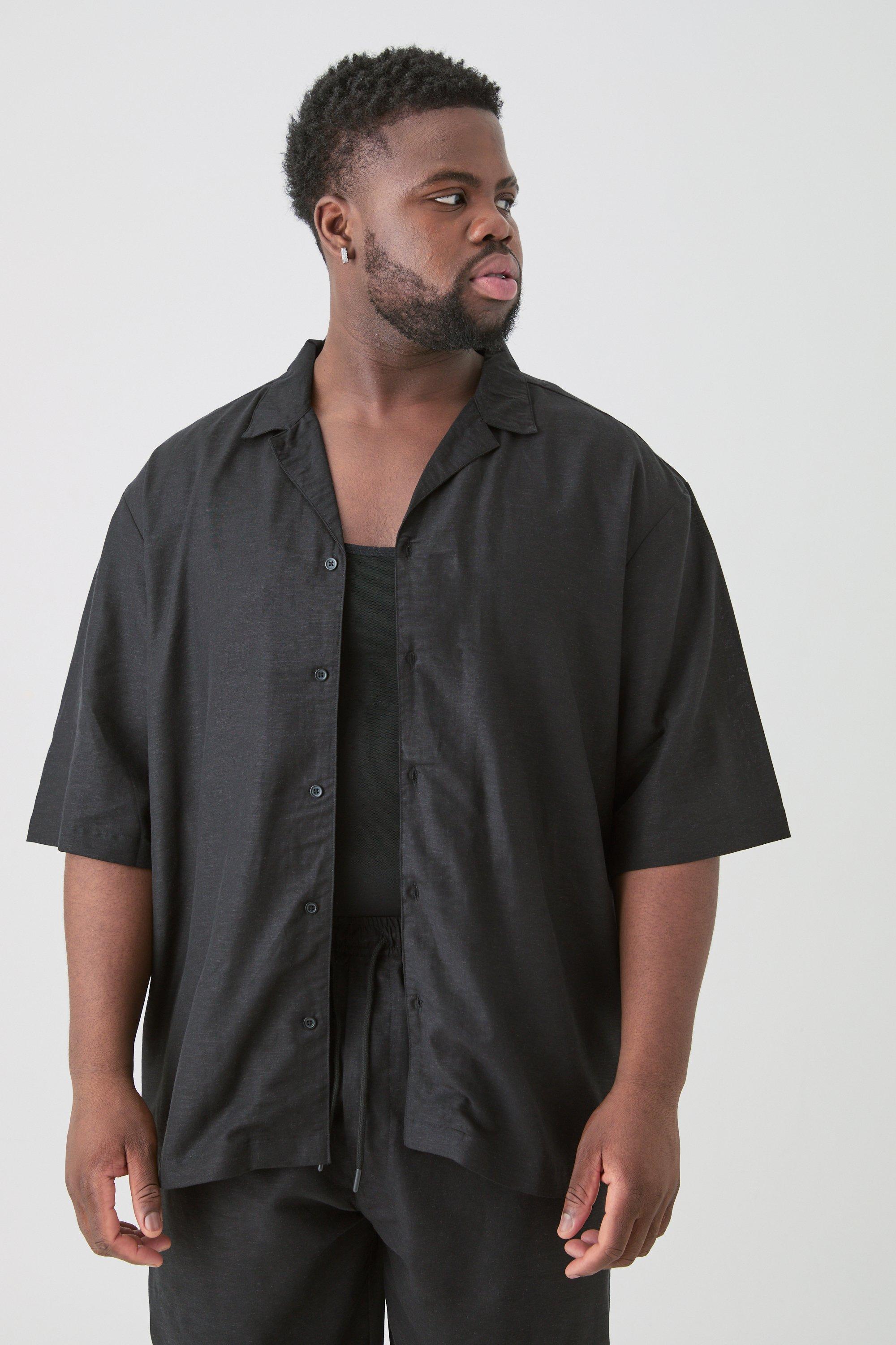 Image of Plus Linen Oversized Revere Shirt In Black, Nero